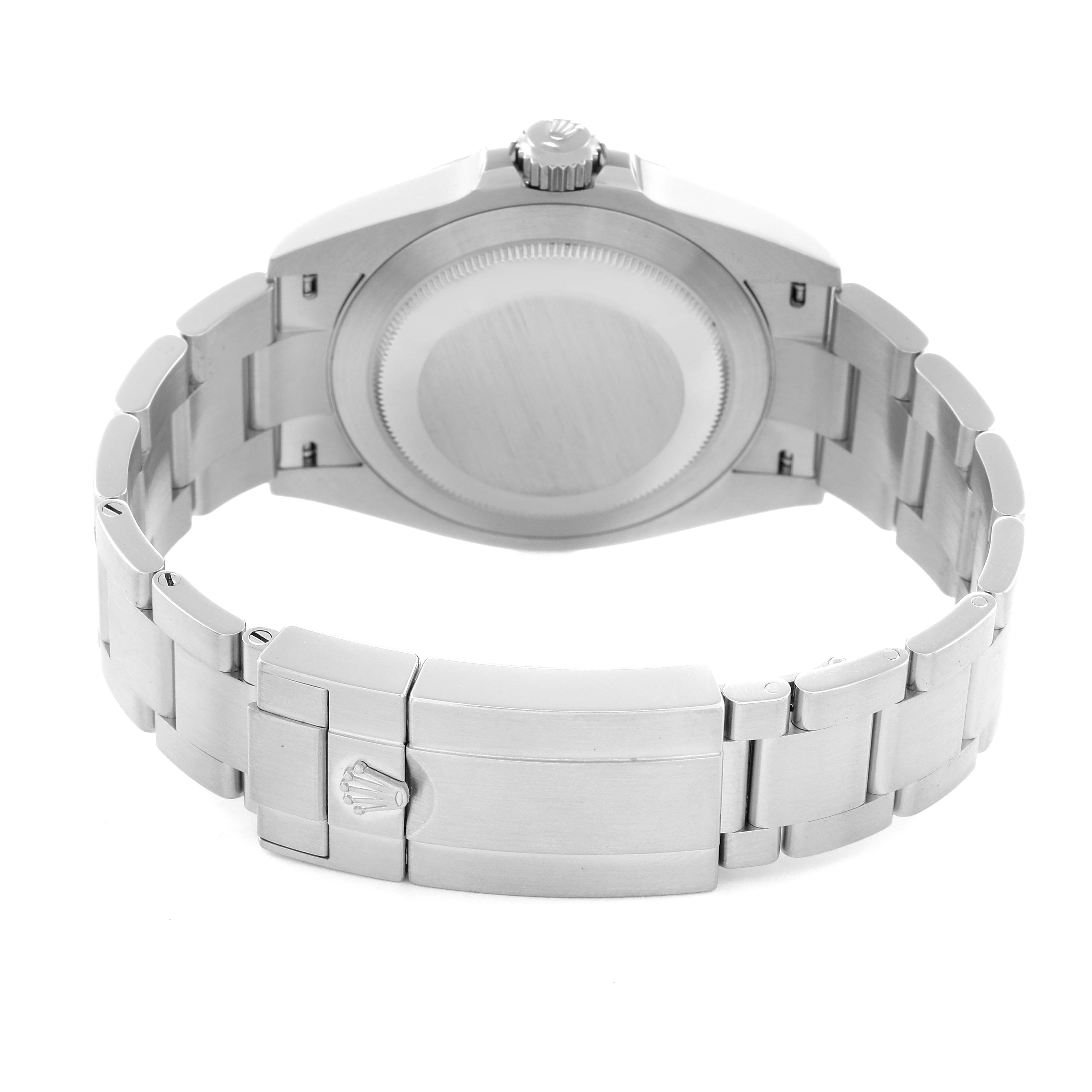 The image shows the backside of a Rolex Air-King 126900 Men's Stainless Steel Black Dial 126900 Men's Stainless Steel Black Dial watch, including the case and bracelet with the clasp visible.