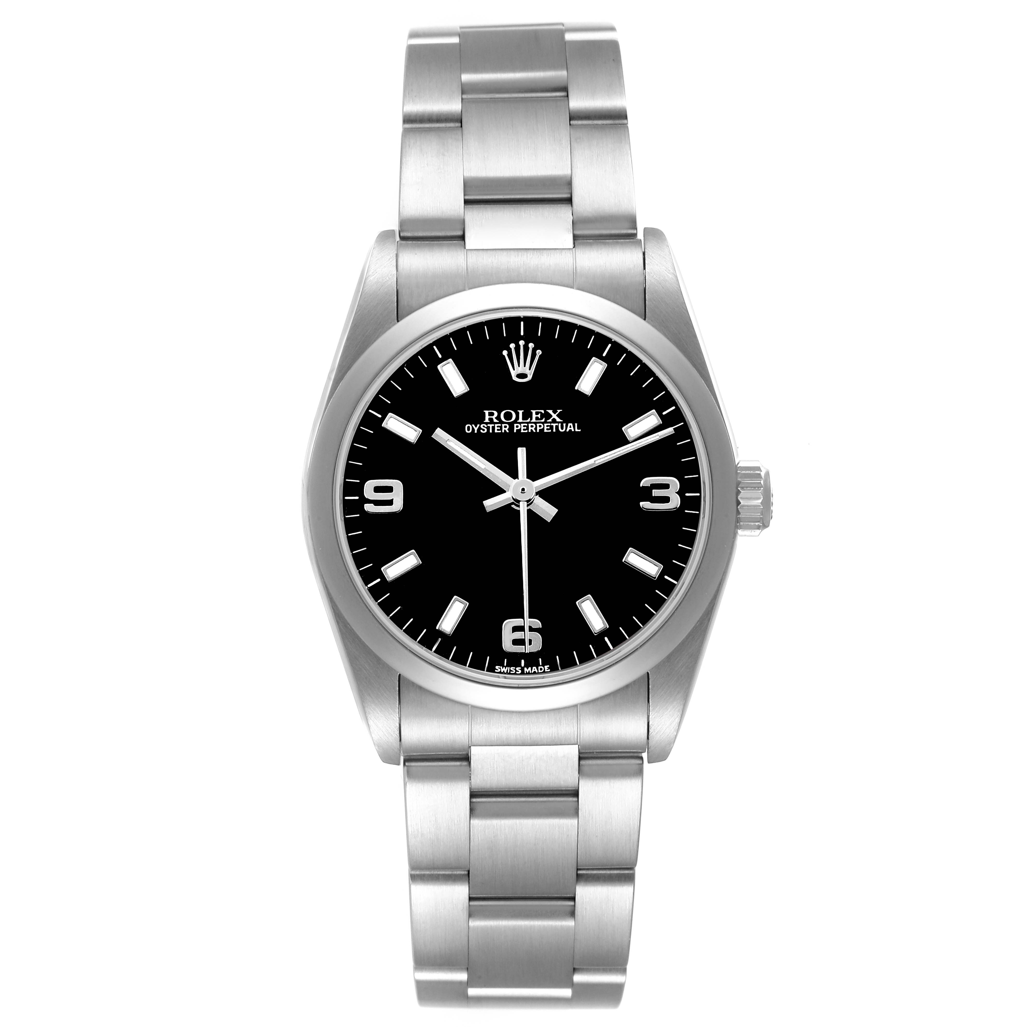 The Rolex Oyster Perpetual 77080 Women's Stainless Steel Black Dial watch is shown from the front, displaying the dial, bezel, bracelet, and crown.
