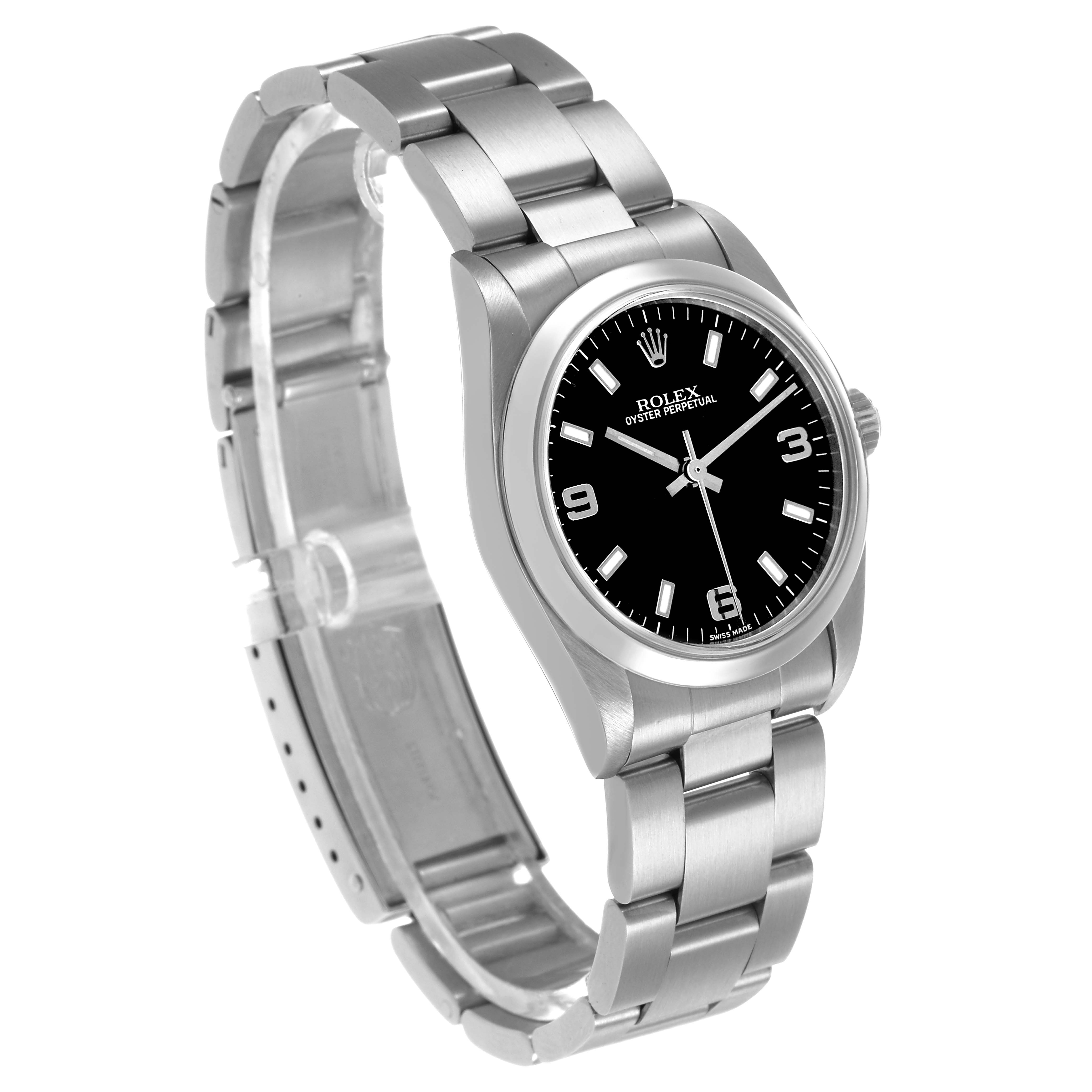The image shows a side angle of the Rolex Oyster Perpetual 77080 Women's Stainless Steel Black Dial watch, displaying its black dial, stainless steel bracelet, and clasp.