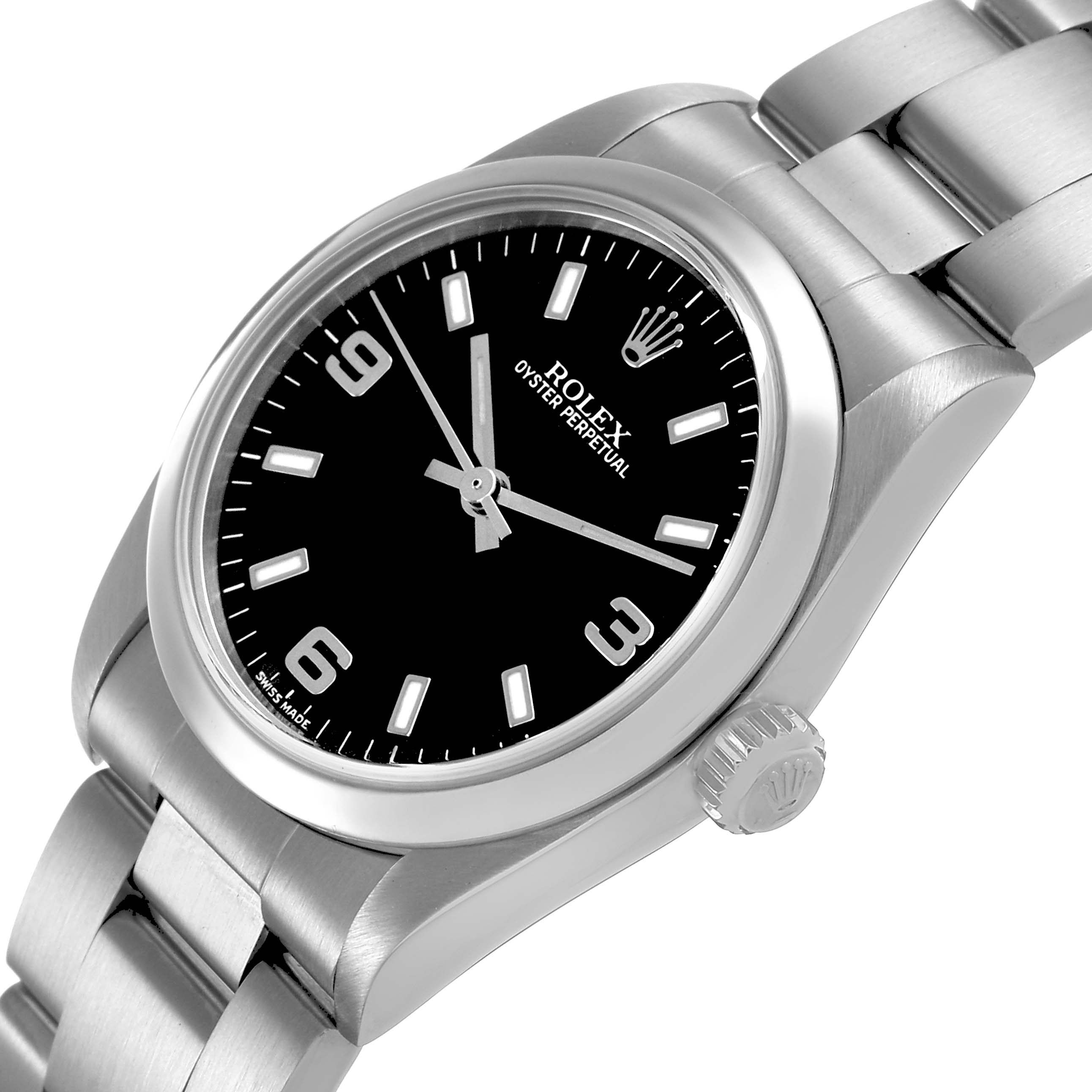The Rolex Oyster Perpetual 77080 Women's Stainless Steel Black Dial watch is shown at a slight angle, highlighting the face, bezel, crown, and part of the bracelet.