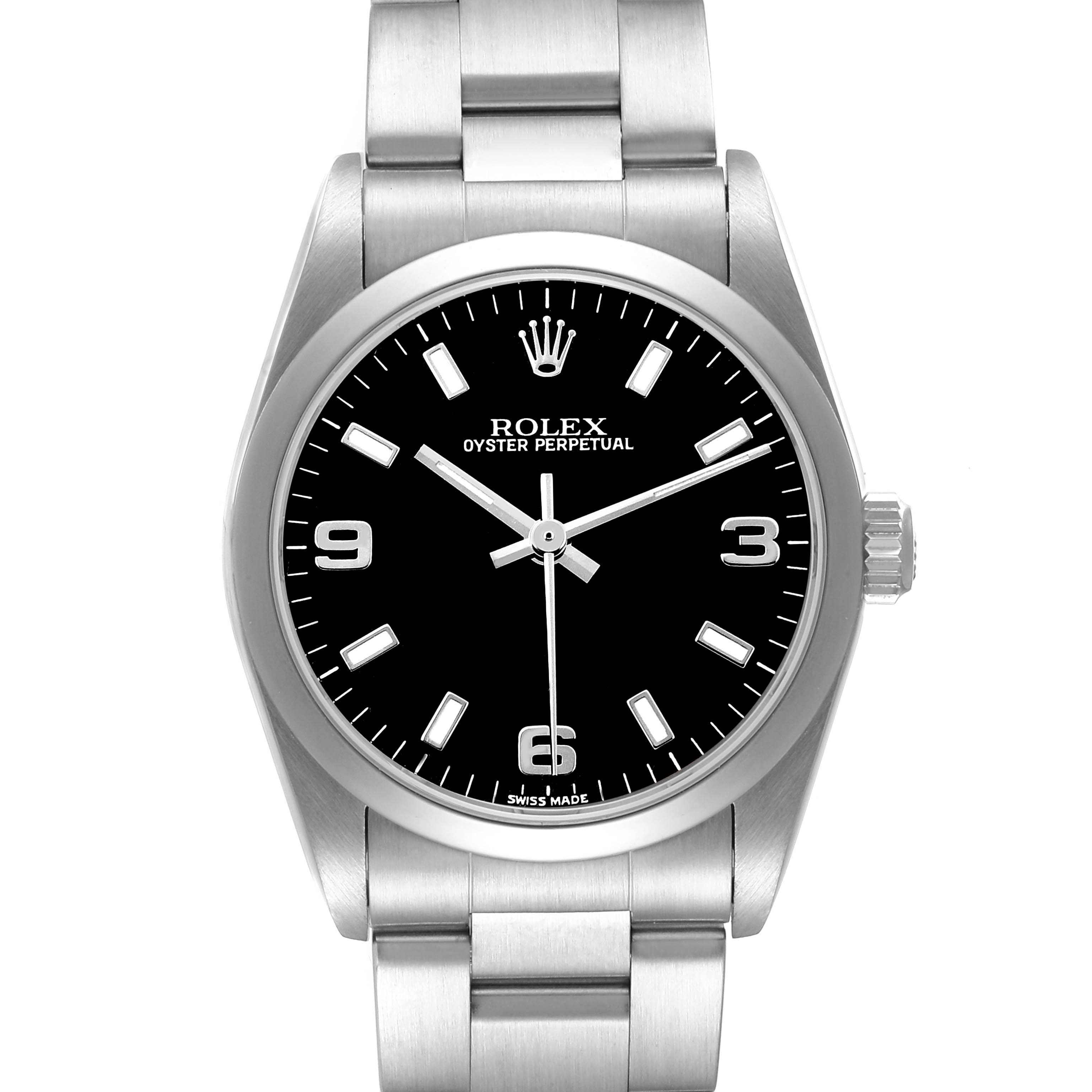 The Rolex Oyster Perpetual 77080 Women's Stainless Steel Black Dial watch is shown from a front angle, displaying its black dial, hour markers, and stainless steel bracelet.