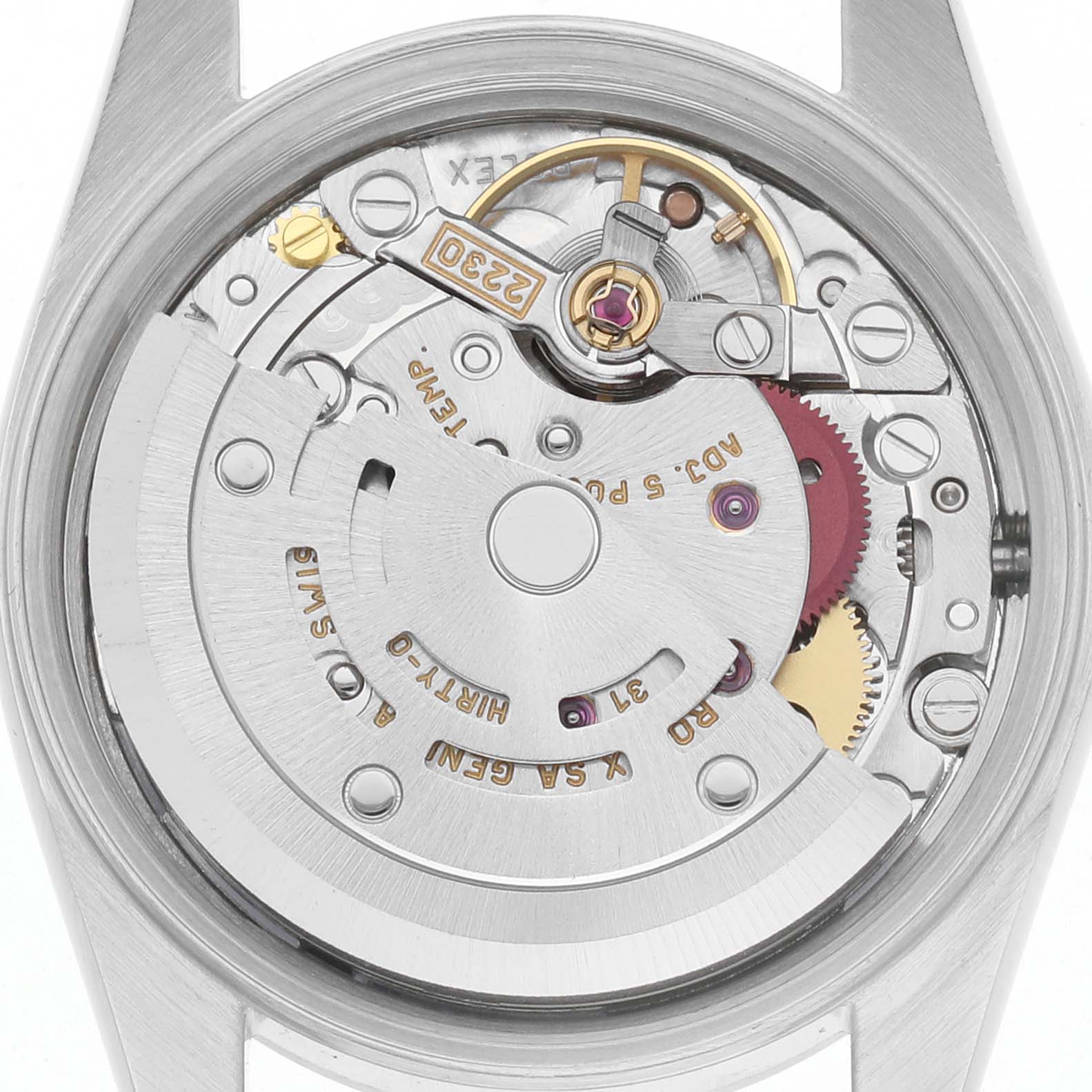 The image shows the movement of a Rolex Oyster Perpetual 72105 Women's Stainless Steel Pink Dial 72105 Women's Stainless Steel Pink Dial watch from a top-down angle, highlighting the rotor and intricate components.