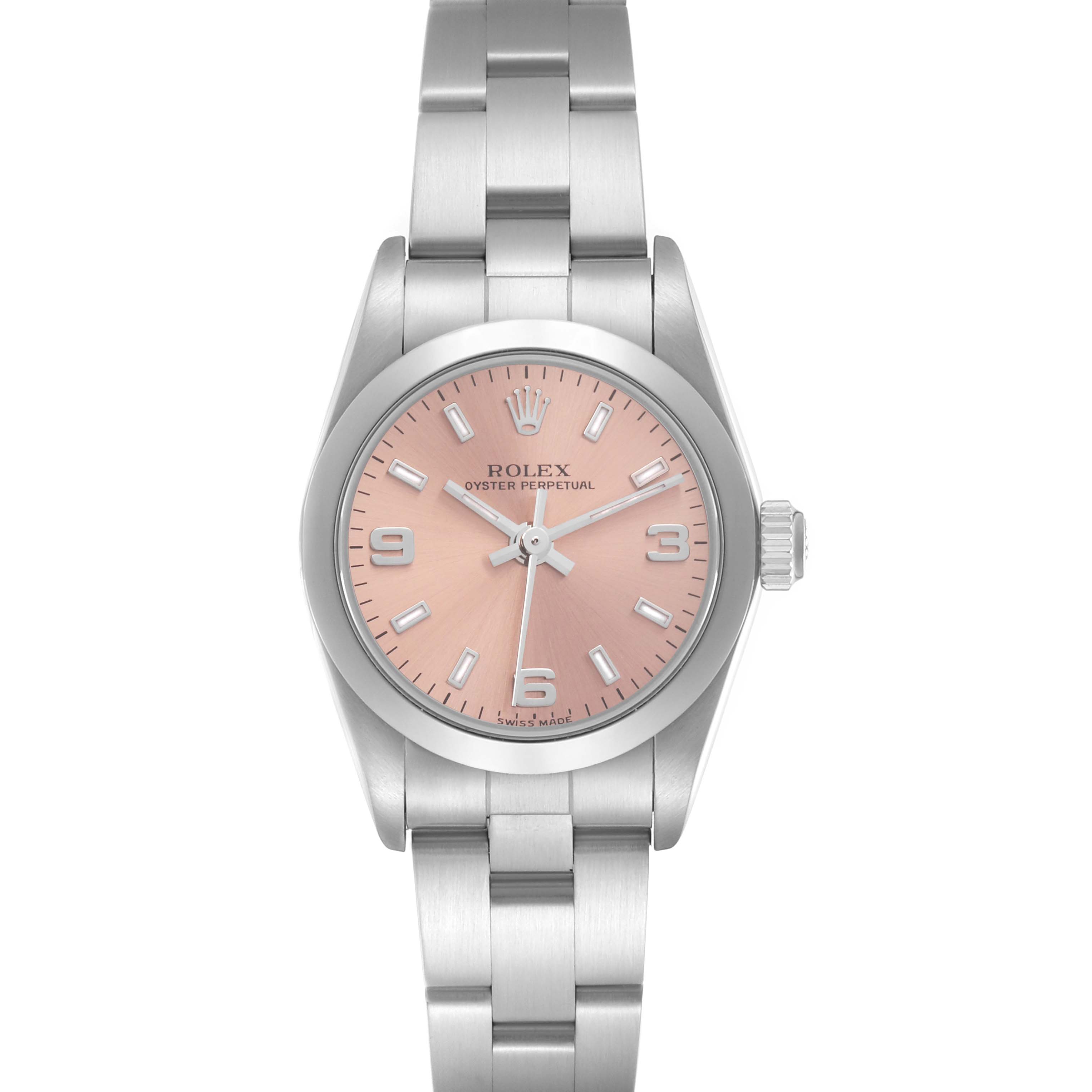 The Rolex Oyster Perpetual 72105 Women's Stainless Steel Pink Dial 72105 Women's Stainless Steel Pink Dial watch is shown from a front view, highlighting the dial, bracelet, and crown.