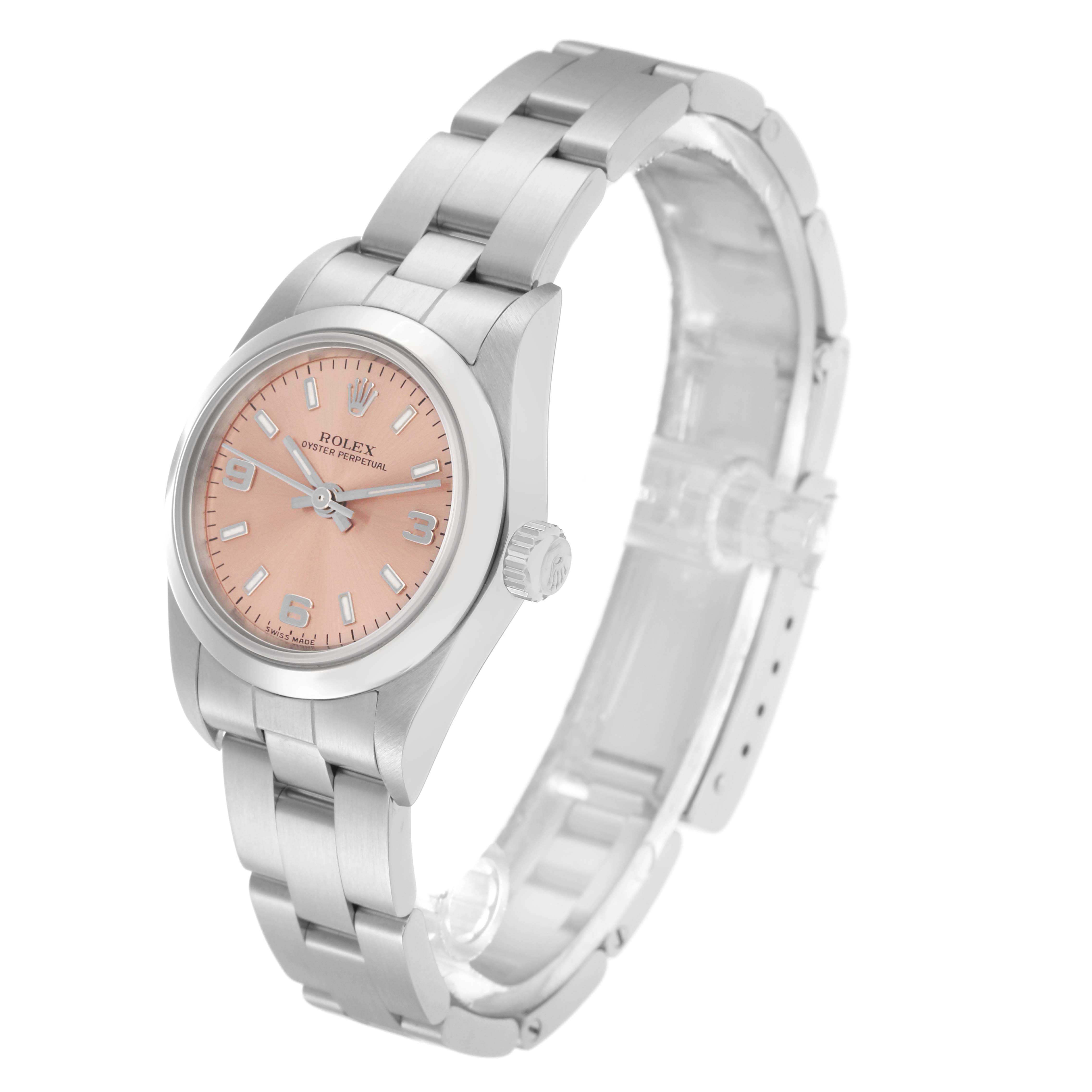 The Rolex Oyster Perpetual 72105 Women's Stainless Steel Pink Dial 72105 Women's Stainless Steel Pink Dial watch is shown at an angled side view, displaying the face, bracelet, and crown.