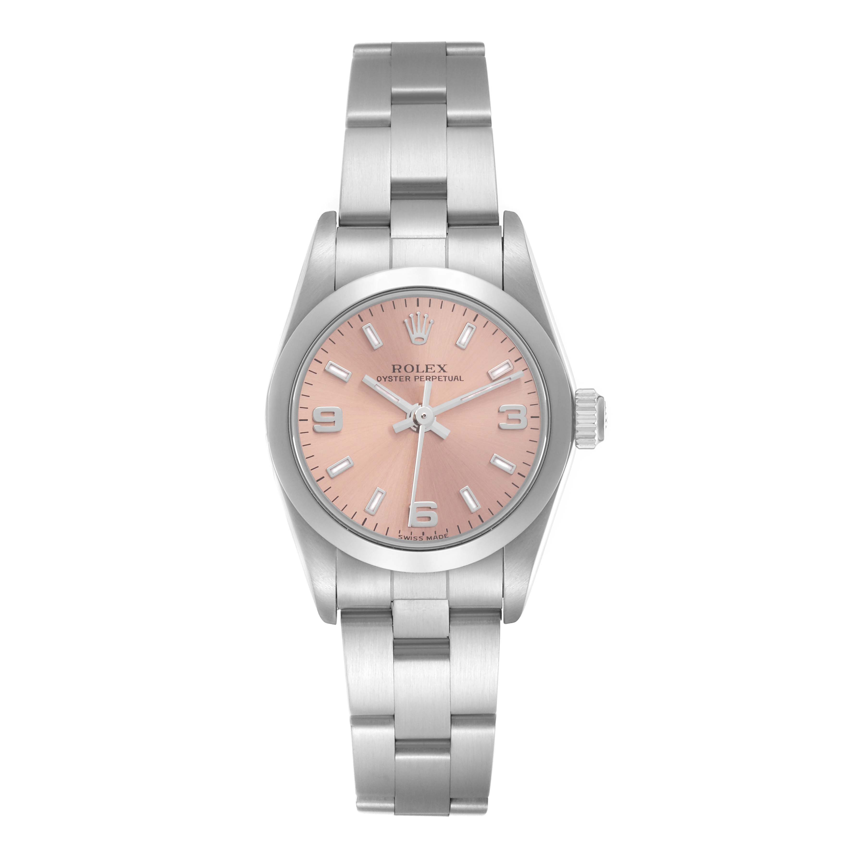 The Rolex Oyster Perpetual 72105 Women's Stainless Steel Pink Dial 72105 Women's Stainless Steel Pink Dial watch is shown from a top-down angle, displaying the dial, case, and bracelet.