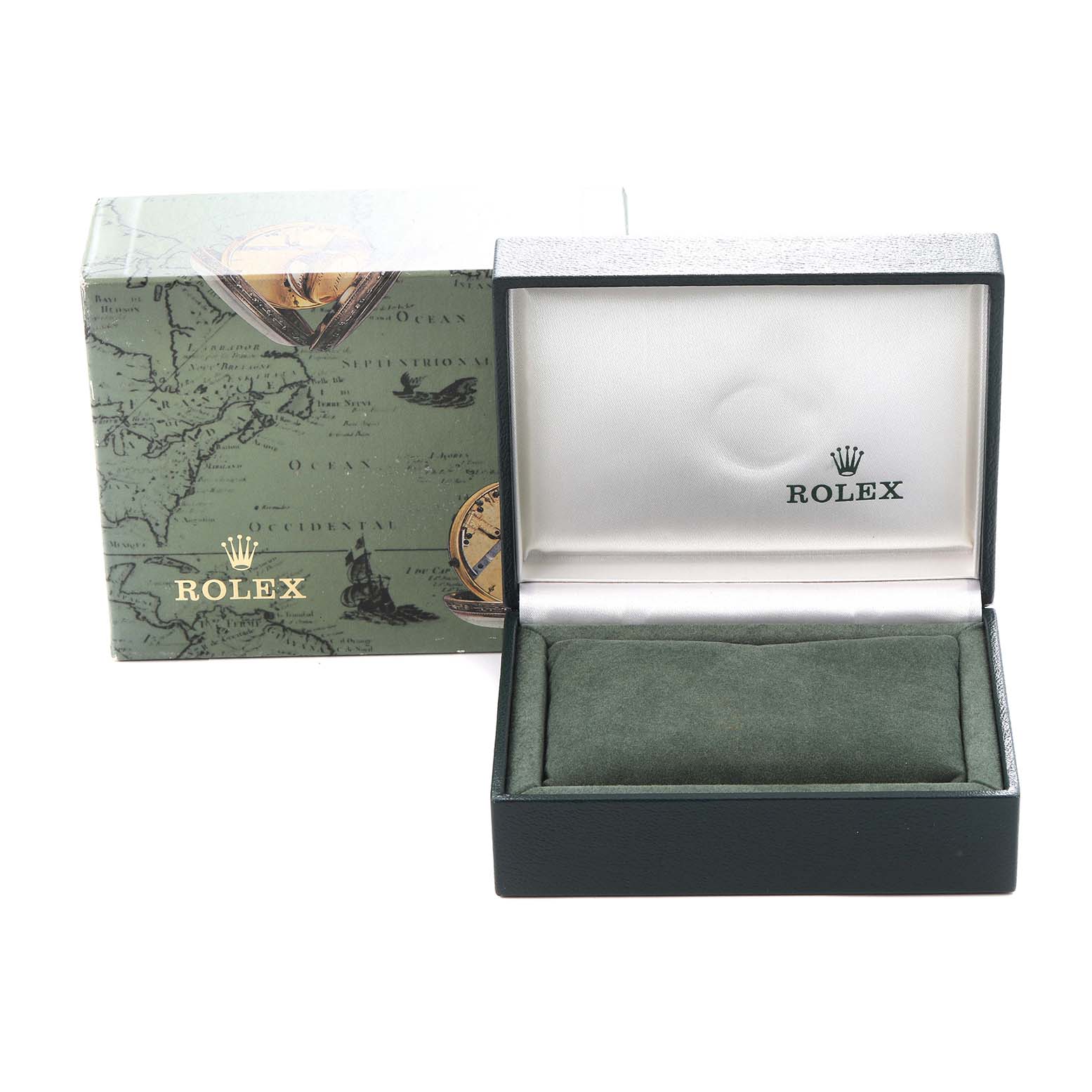 The image shows an open Rolex Oyster Perpetual 72105 Women's Stainless Steel Pink Dial 72105 Women's Stainless Steel Pink Dial box and outer box from a front angle, with the inside cushion visible.