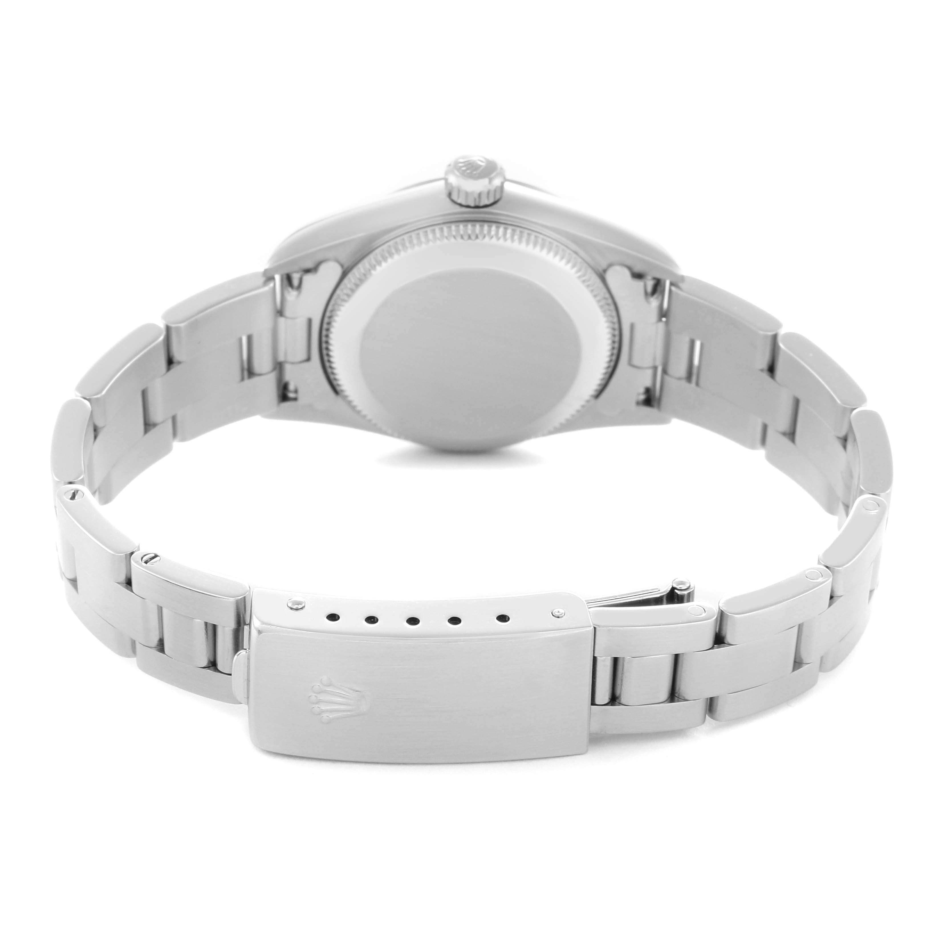 The image shows the back view of a Rolex Oyster Perpetual 72105 Women's Stainless Steel Pink Dial 72105 Women's Stainless Steel Pink Dial watch, highlighting the bracelet and clasp.