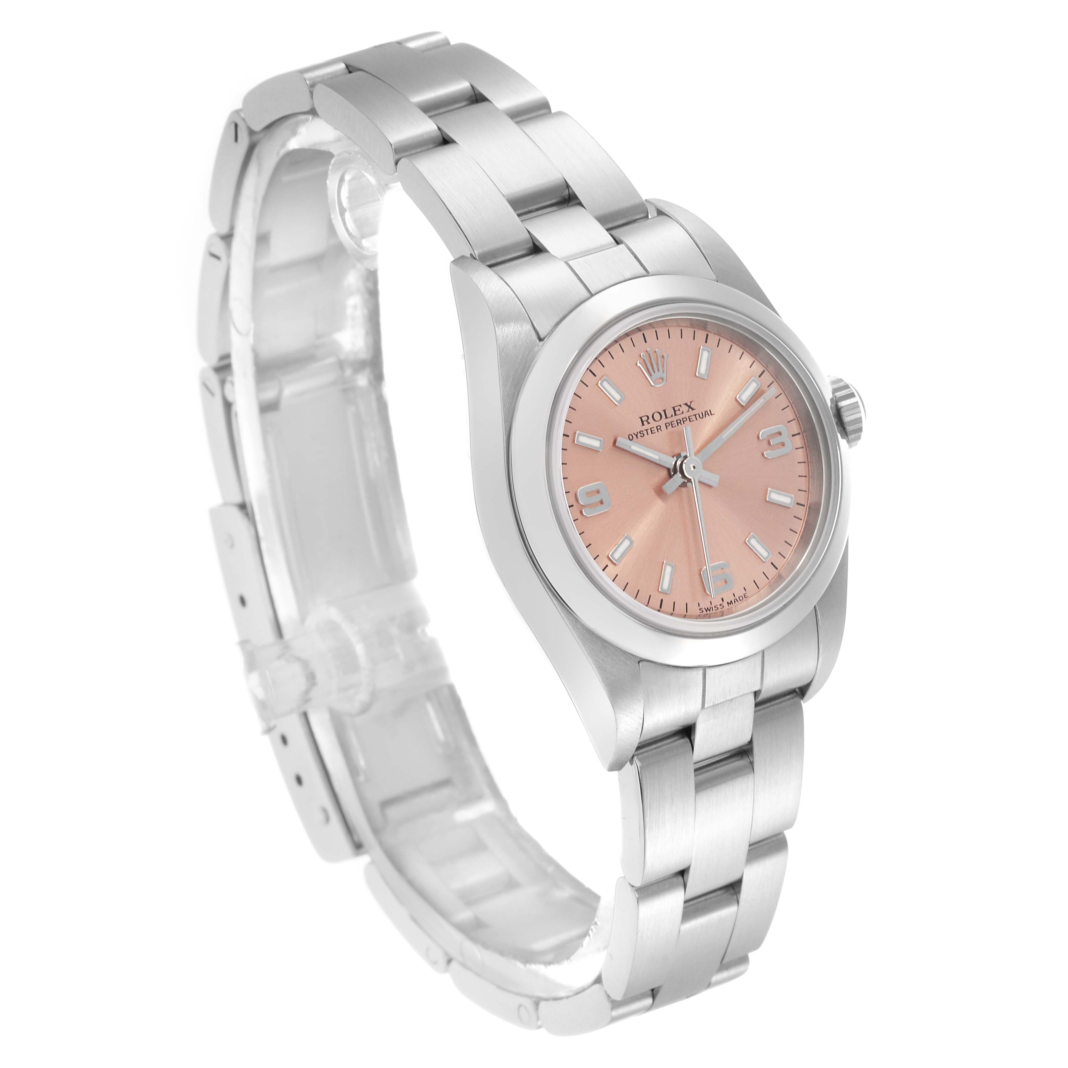 The Rolex Oyster Perpetual 72105 Women's Stainless Steel Pink Dial 72105 Women's Stainless Steel Pink Dial watch is shown at a three-quarter angle, displaying the bracelet and dial with a pink face.