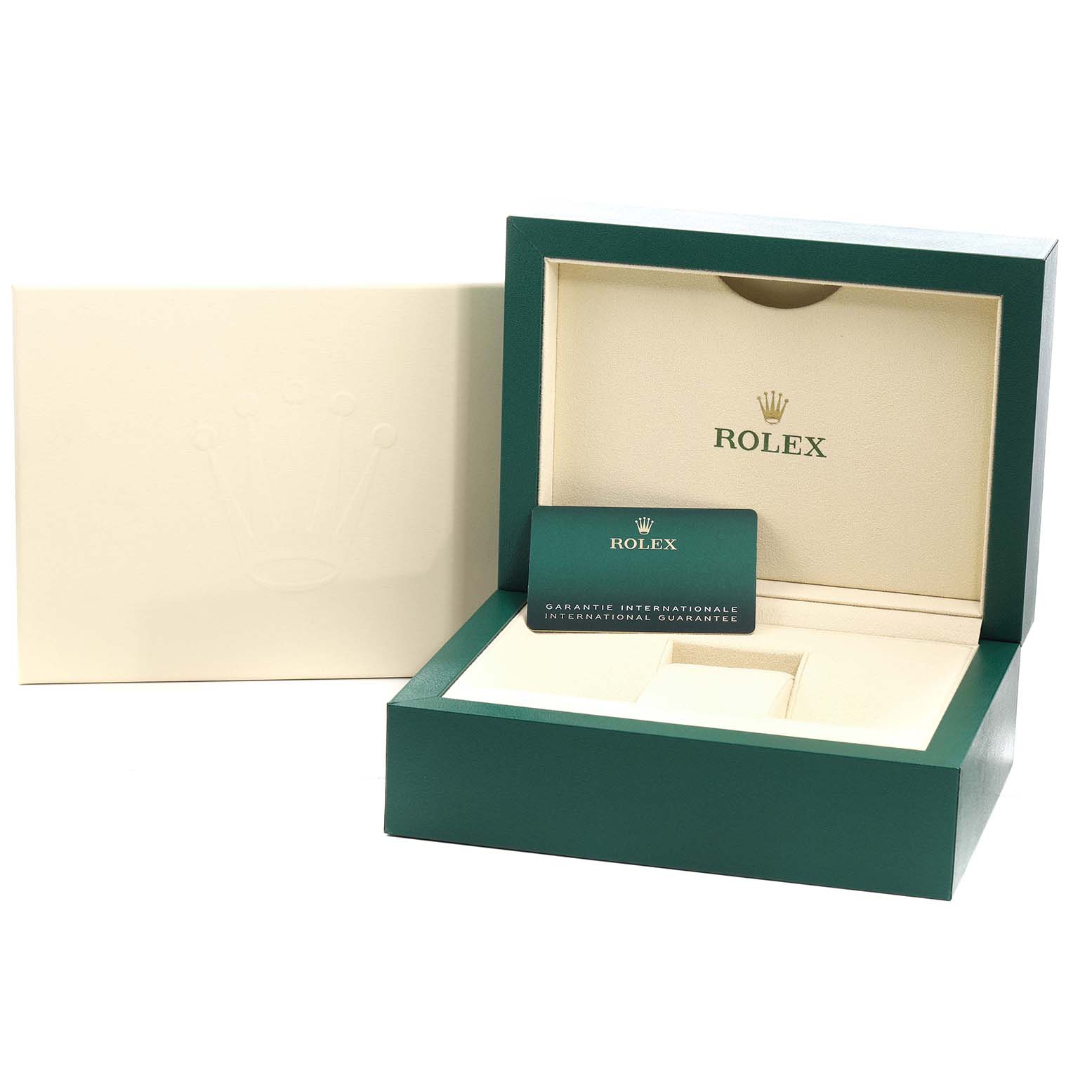 The image shows an open Rolex Oyster Perpetual 126000 Men's Stainless Steel Black Dial watch box with a guarantee card inside.