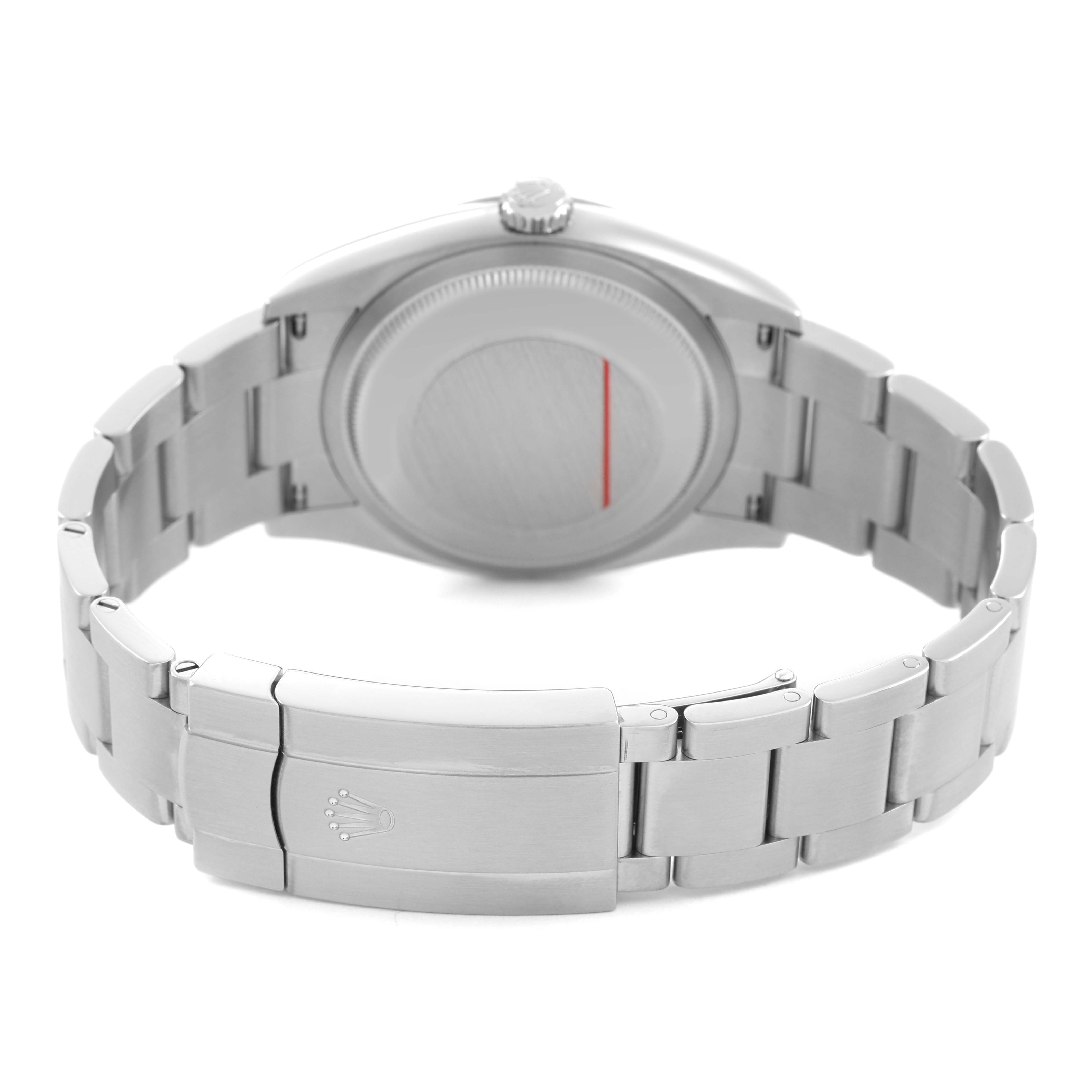 The image shows the back view of a Rolex Oyster Perpetual 126000 Men's Stainless Steel Black Dial watch, highlighting the clasp and bracelet.