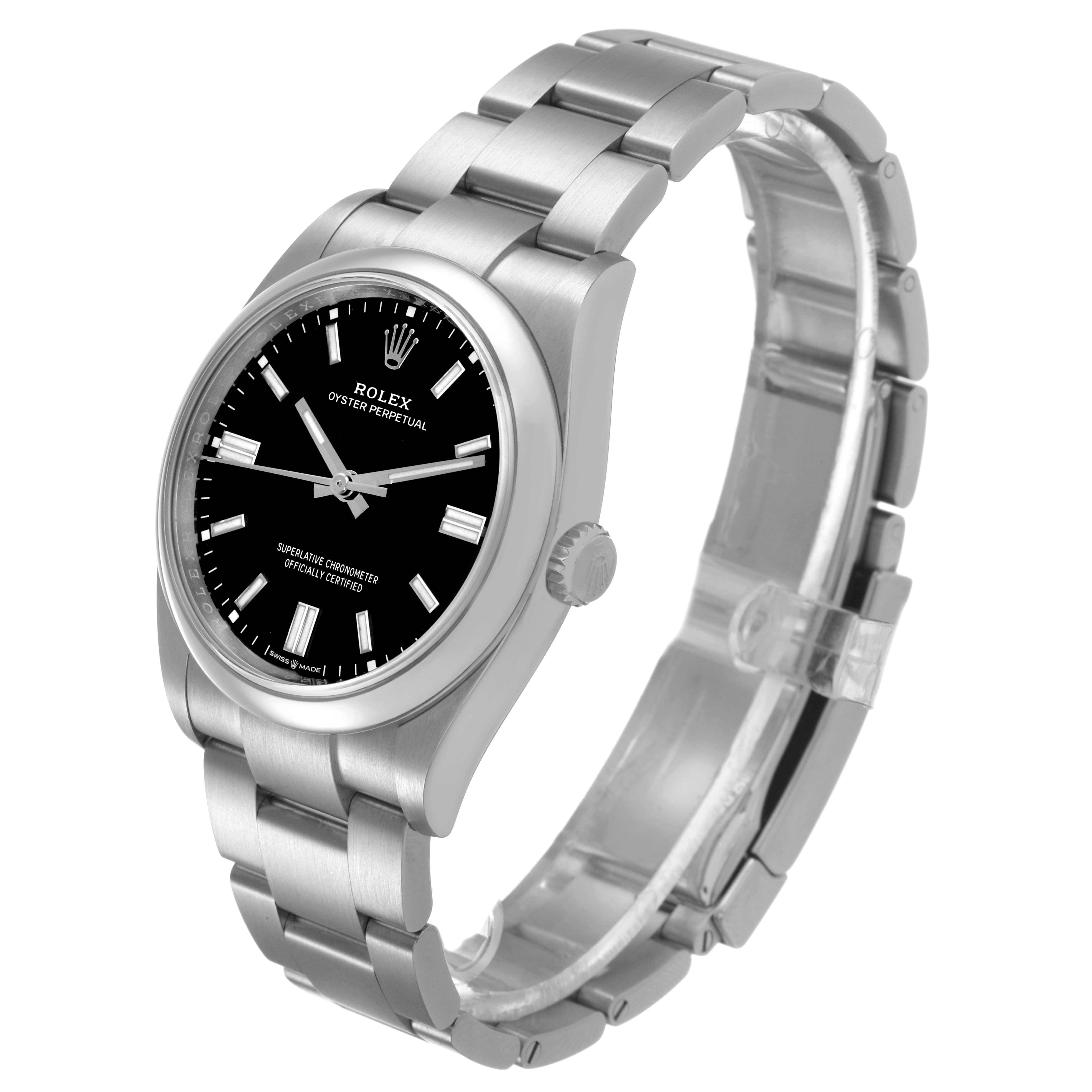 The Rolex Oyster Perpetual 126000 Men's Stainless Steel Black Dial watch is shown at a three-quarter angle, highlighting its face, bezel, and bracelet.