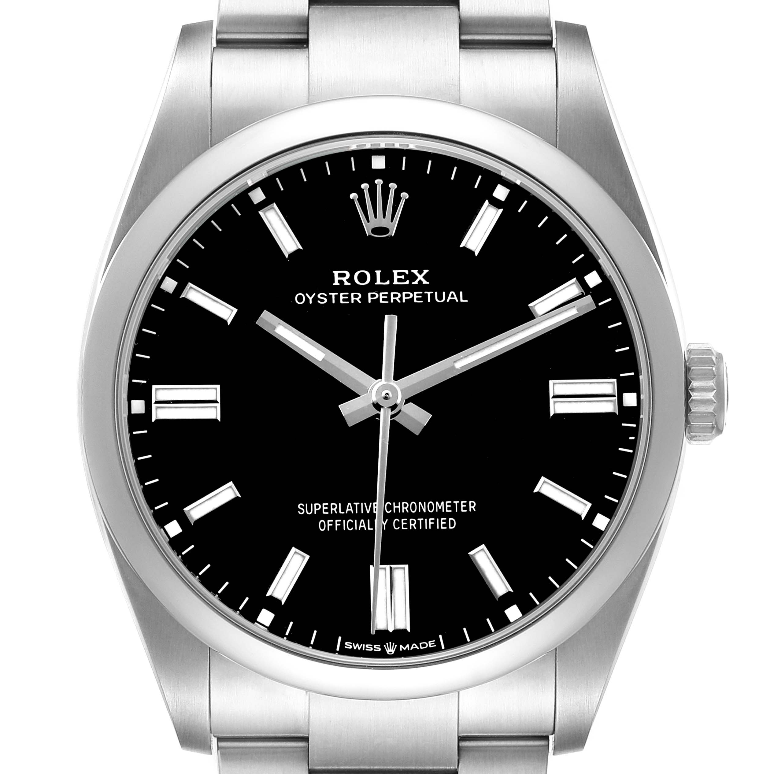 The image shows a front view of a Rolex Oyster Perpetual 126000 Men's Stainless Steel Black Dial, highlighting the dial, hands, and part of the bracelet.