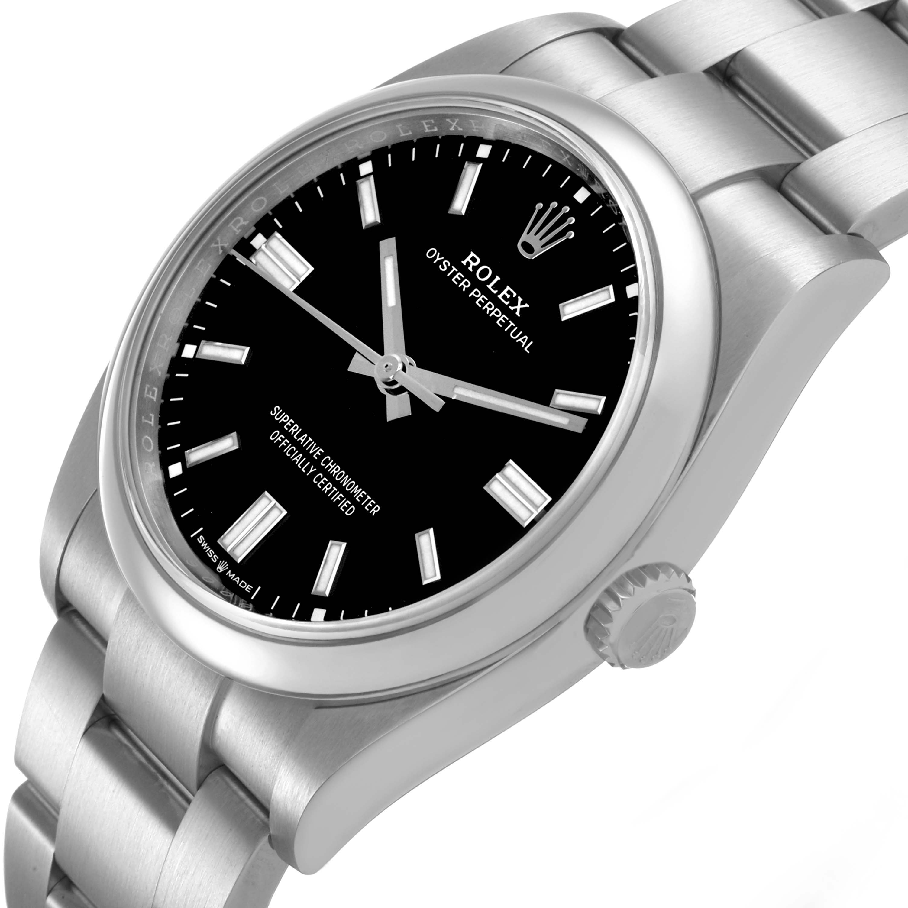 The image shows a close-up side angle of a Rolex Oyster Perpetual 126000 Men's Stainless Steel Black Dial watch, highlighting the dial, bezel, and bracelet.