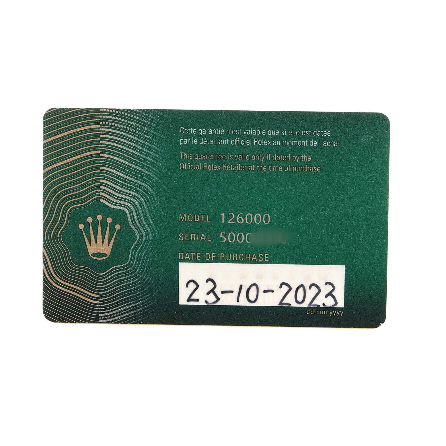 The image shows a warranty card for the Rolex Oyster Perpetual 126000 Men's Stainless Steel Black Dial model 126000, with the purchase date.