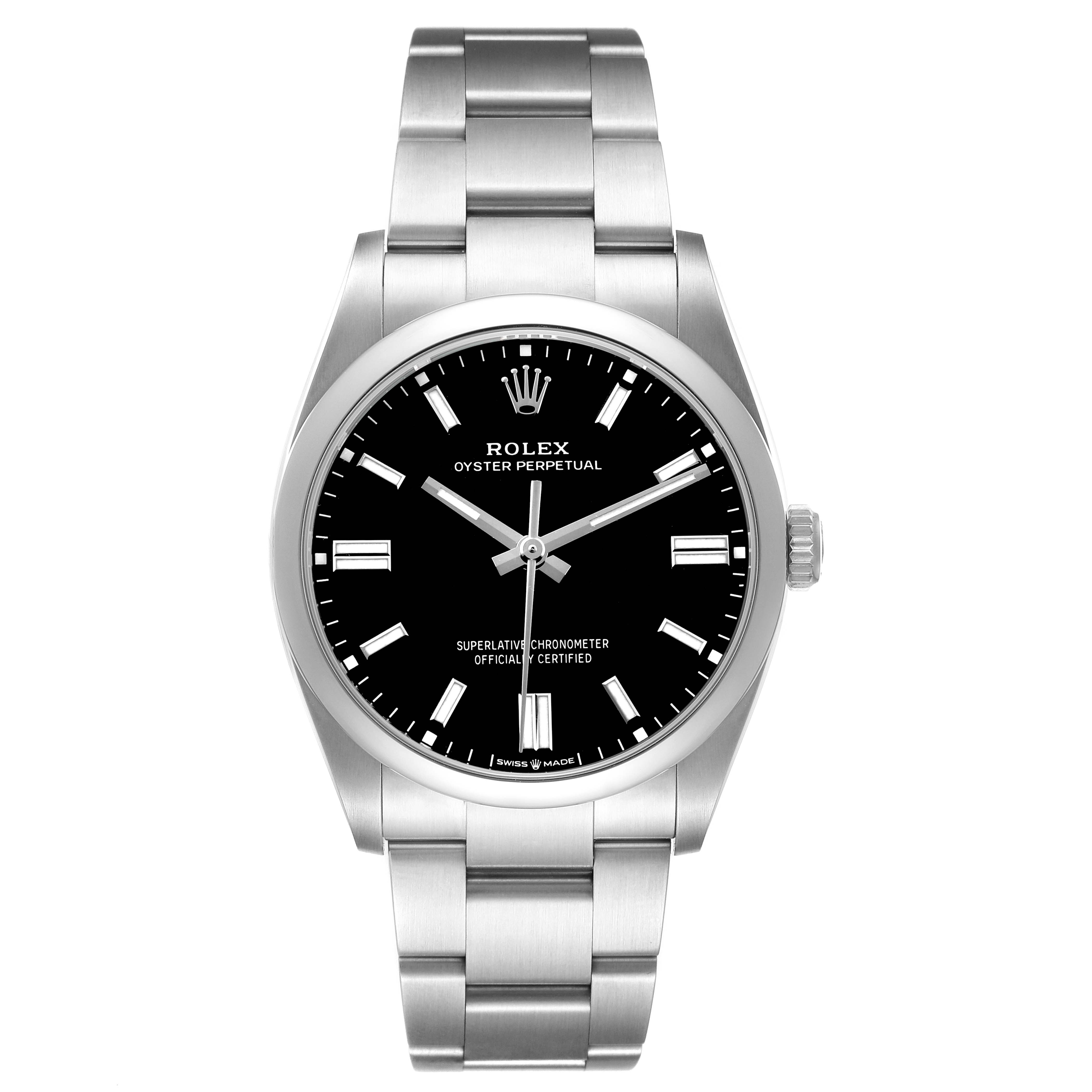 The Rolex Oyster Perpetual 126000 Men's Stainless Steel Black Dial watch is shown from a front angle, displaying the face, bezel, and bracelet.