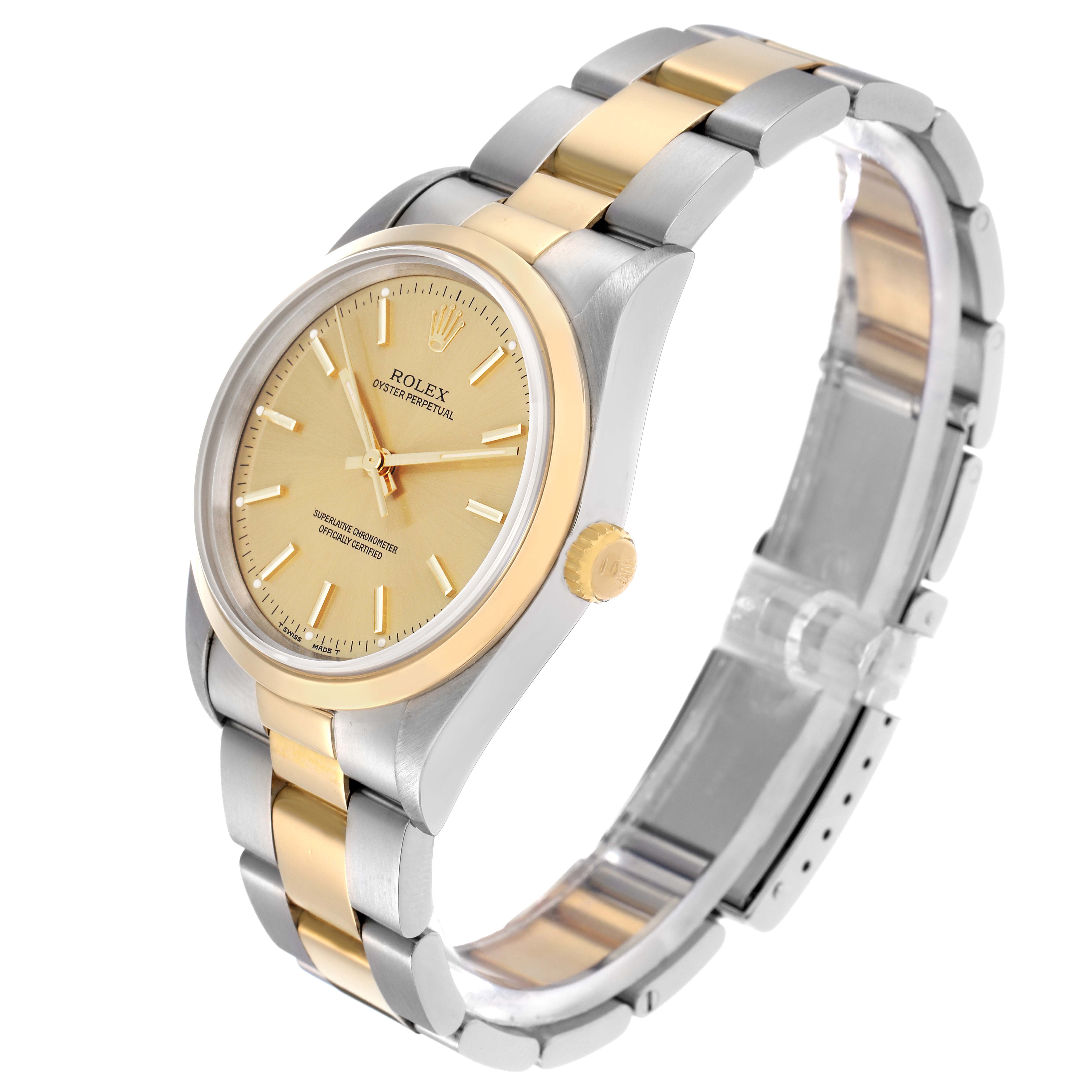 The Rolex Oyster Perpetual 14203 Men
s Steel and Gold (two tone) Champagne Dial 14203 Men
s Steel and Gold (two tone) Champagne Dial watch is shown at an angle highlighting the dial, bezel, bracelet, and crown.