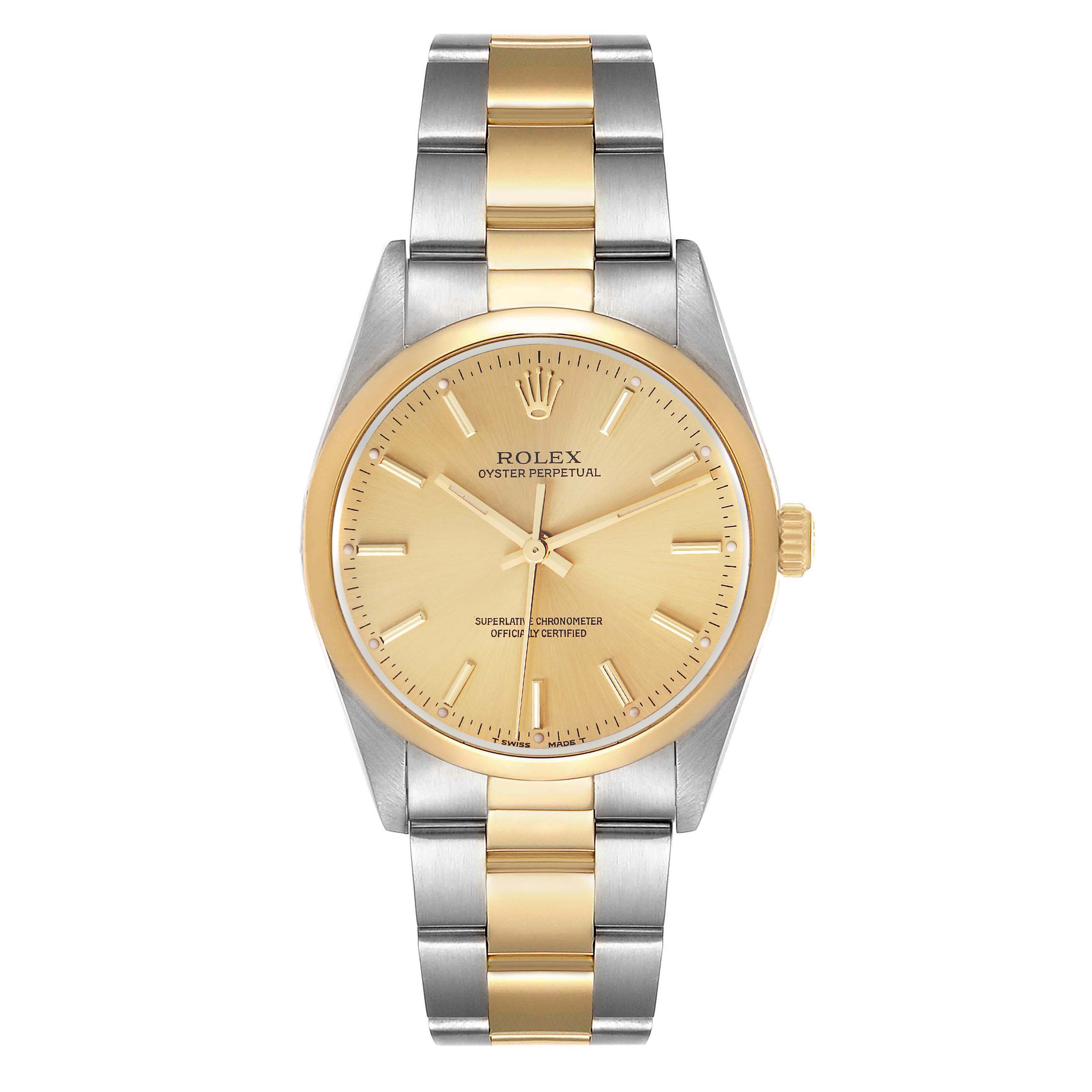 The Rolex Oyster Perpetual 14203 Men
s Steel and Gold (two tone) Champagne Dial 14203 Men
s Steel and Gold (two tone) Champagne Dial watch is shown from a front angle, displaying the dial, bezel, crown, and two-tone bracelet.