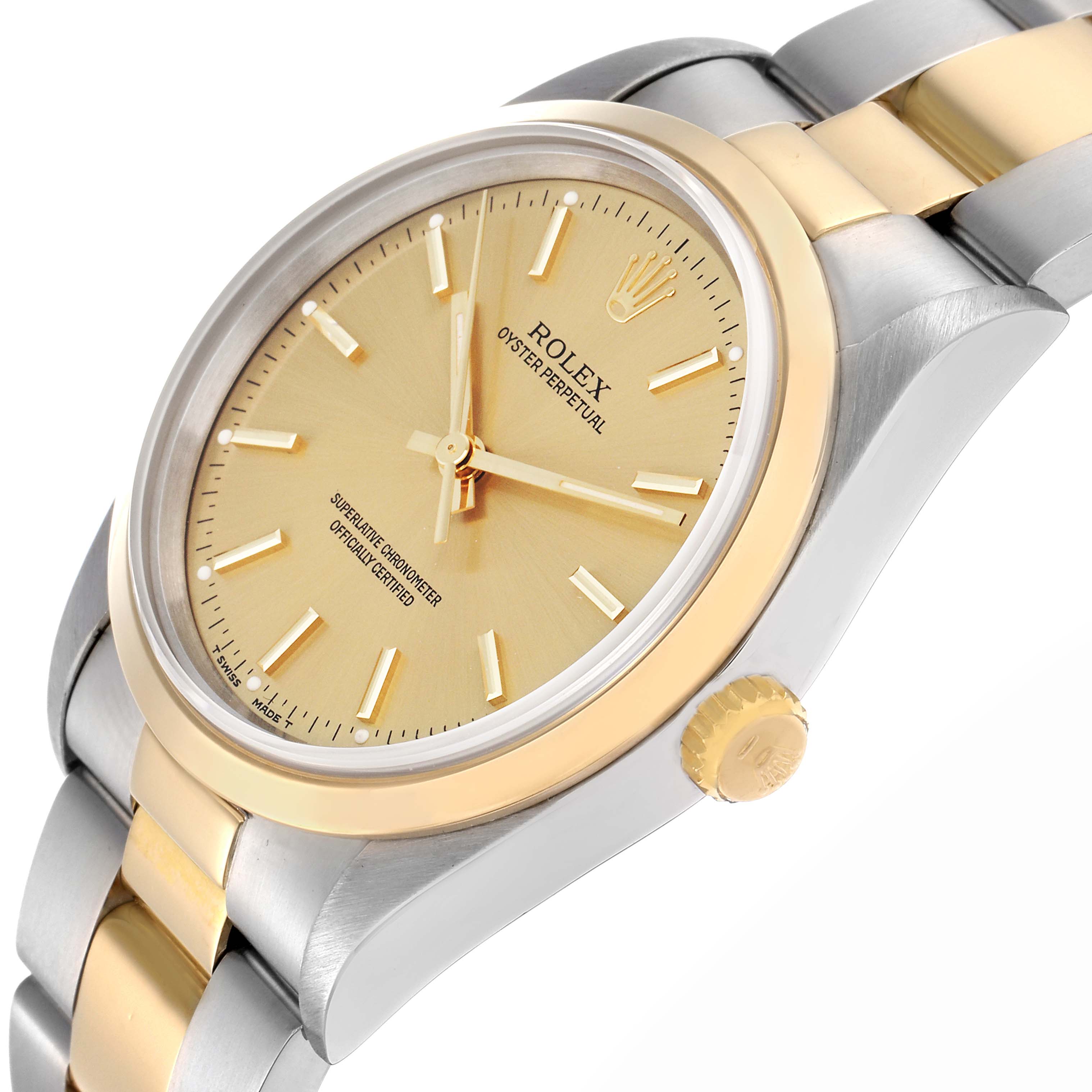 The Rolex Oyster Perpetual 14203 Men
s Steel and Gold (two tone) Champagne Dial 14203 Men
s Steel and Gold (two tone) Champagne Dial watch is shown from a tilted side angle, highlighting its gold bezel, dial, crown, and two-tone bracelet.
