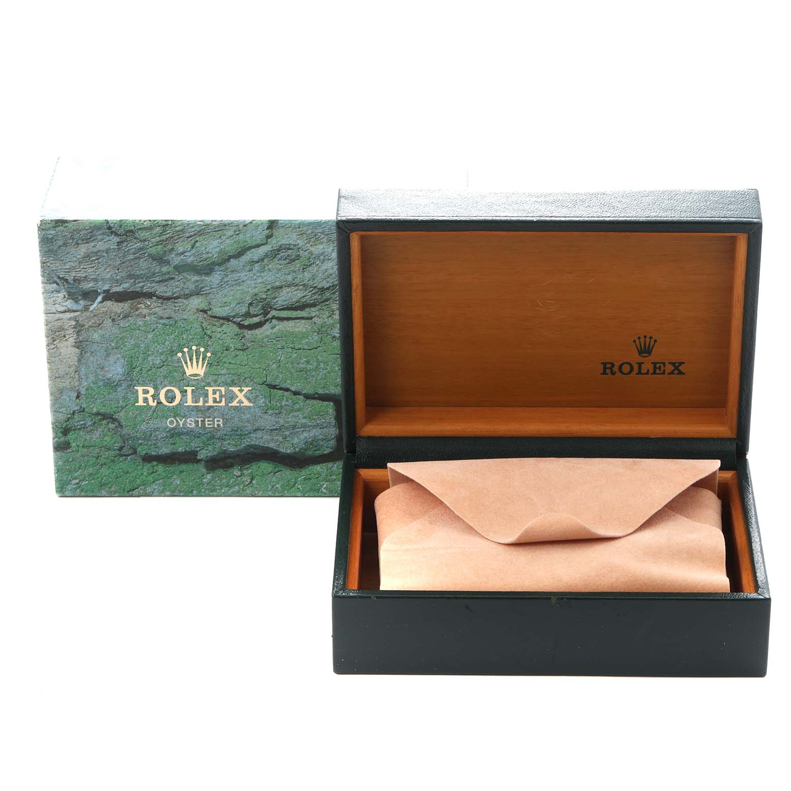 The image shows a Rolex Oyster Perpetual 14203 Men
s Steel and Gold (two tone) Champagne Dial 14203 Men
s Steel and Gold (two tone) Champagne Dial watch box, open, with a cushion inside and the outer box placed beside it.