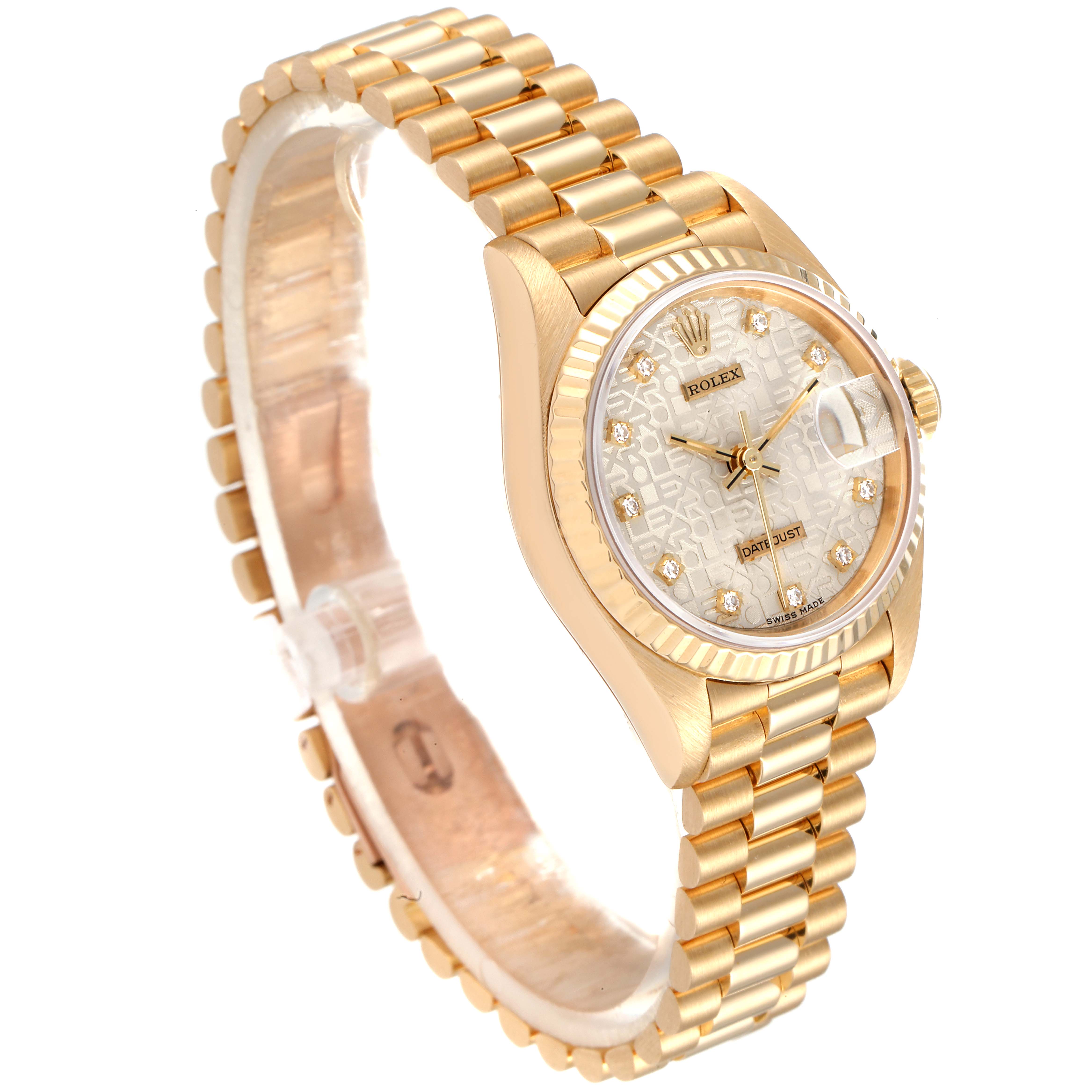 This image shows a gold Rolex President 69178 Women's Yellow Gold Silver Dial 69178 Women's Yellow Gold Silver Dial model watch at an angle highlighting its face, case, and bracelet.