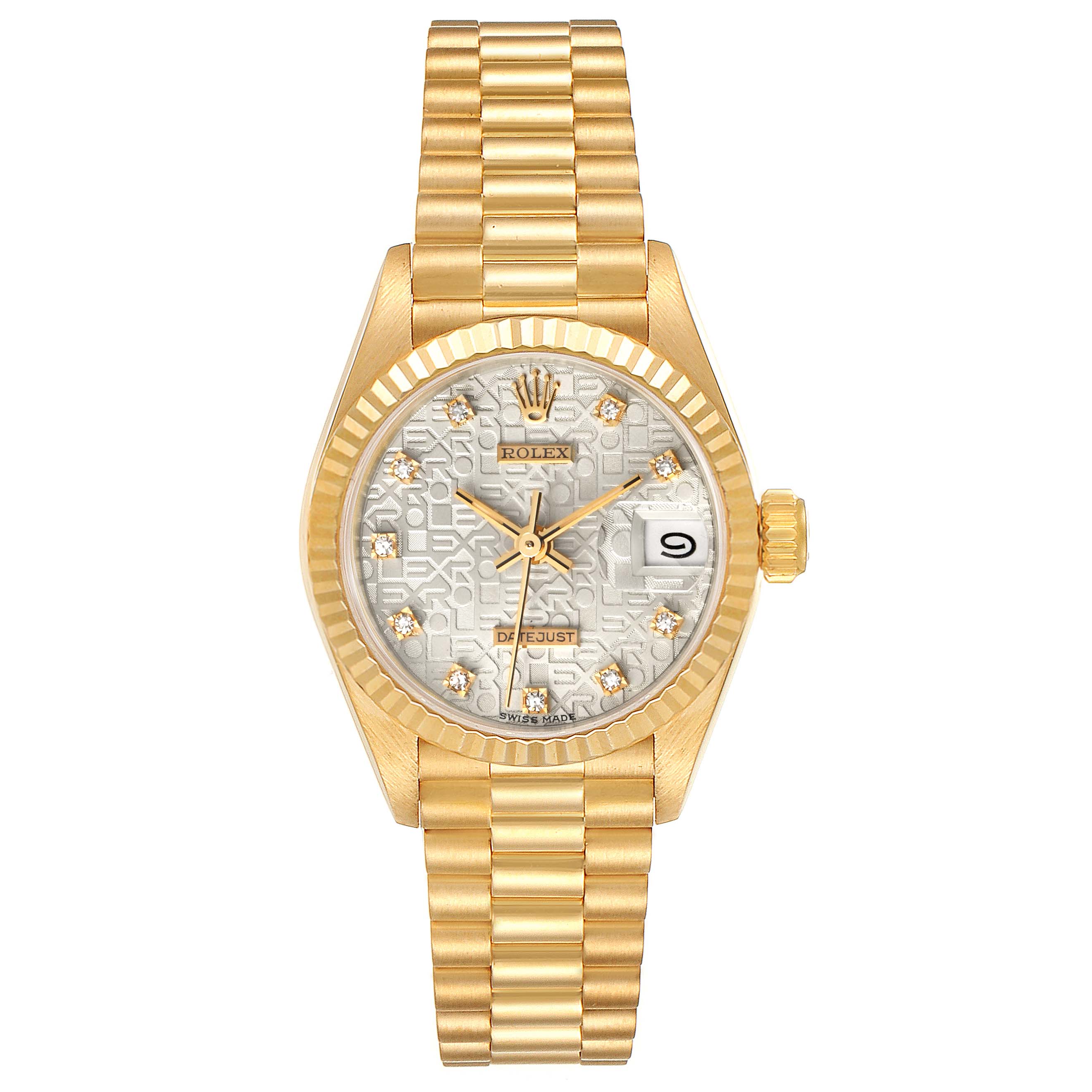 The image shows a front view of a Rolex President 69178 Women's Yellow Gold Silver Dial 69178 Women's Yellow Gold Silver Dial model watch with a gold band and diamond hour markers.