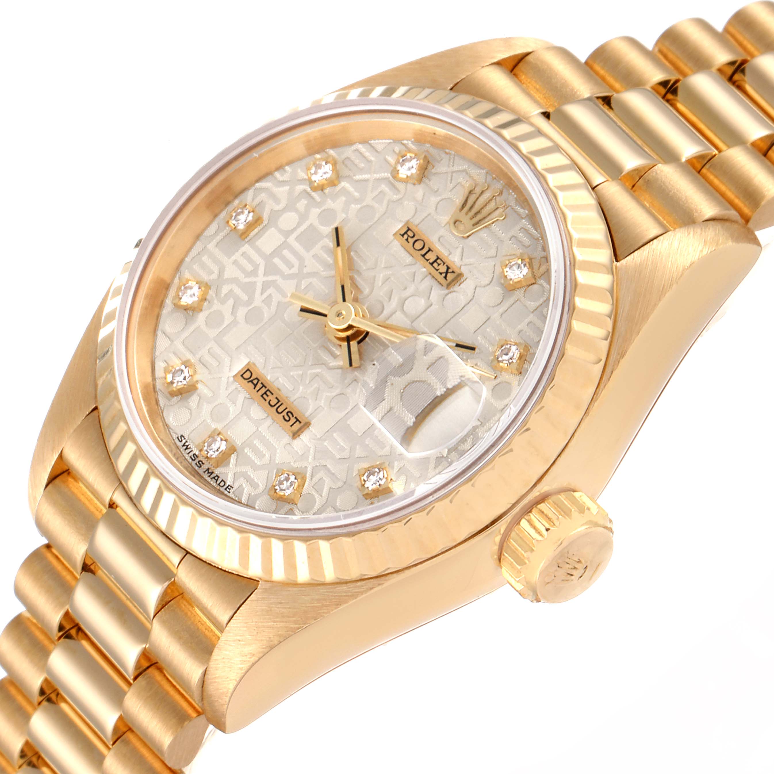 The Rolex President 69178 Women's Yellow Gold Silver Dial 69178 Women's Yellow Gold Silver Dial model watch is shown at an oblique angle, highlighting the dial, bezel, crown, and bracelet.