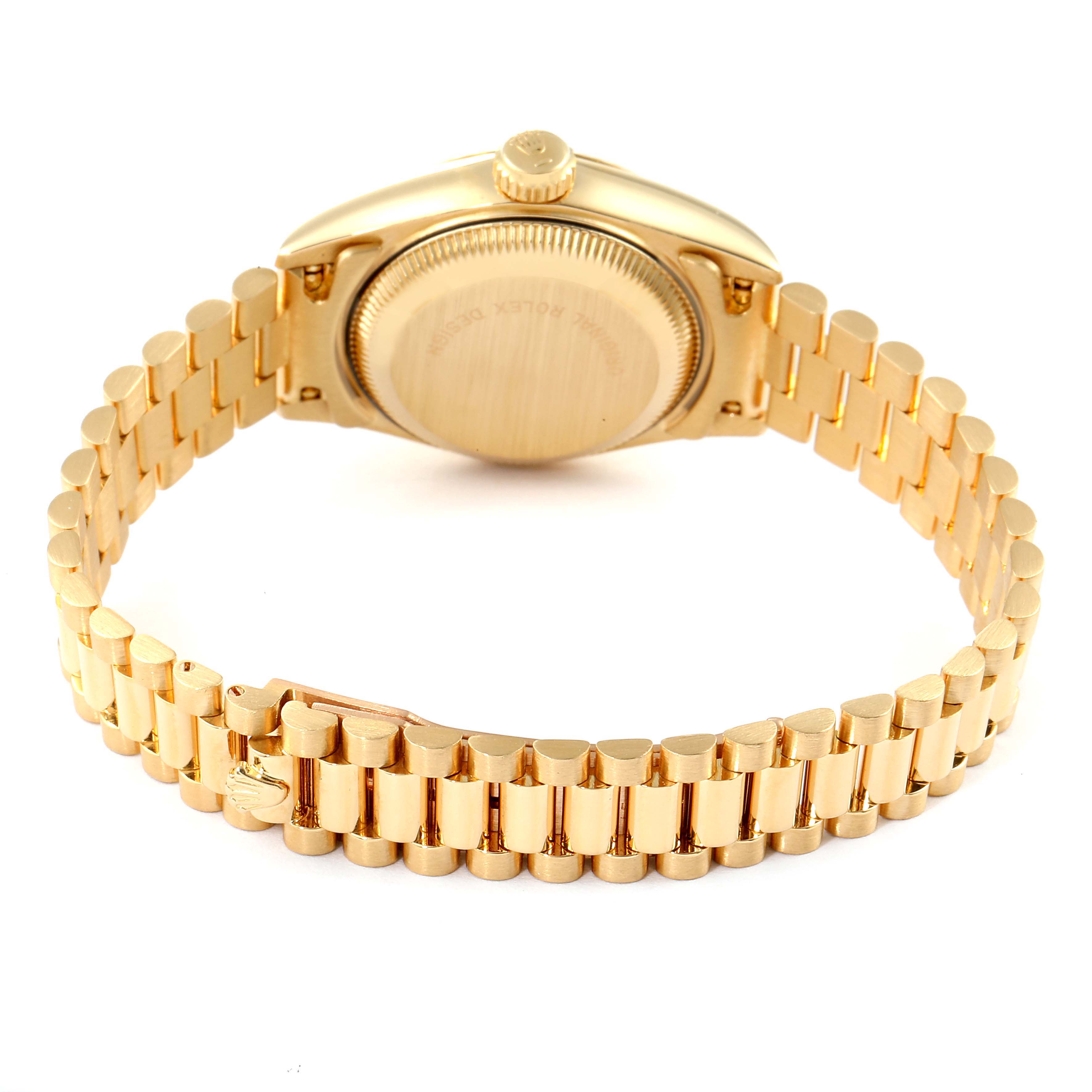 This image shows the back case and bracelet of a Rolex President 69178 Women's Yellow Gold Silver Dial 69178 Women's Yellow Gold Silver Dial model watch from a rear angle.
