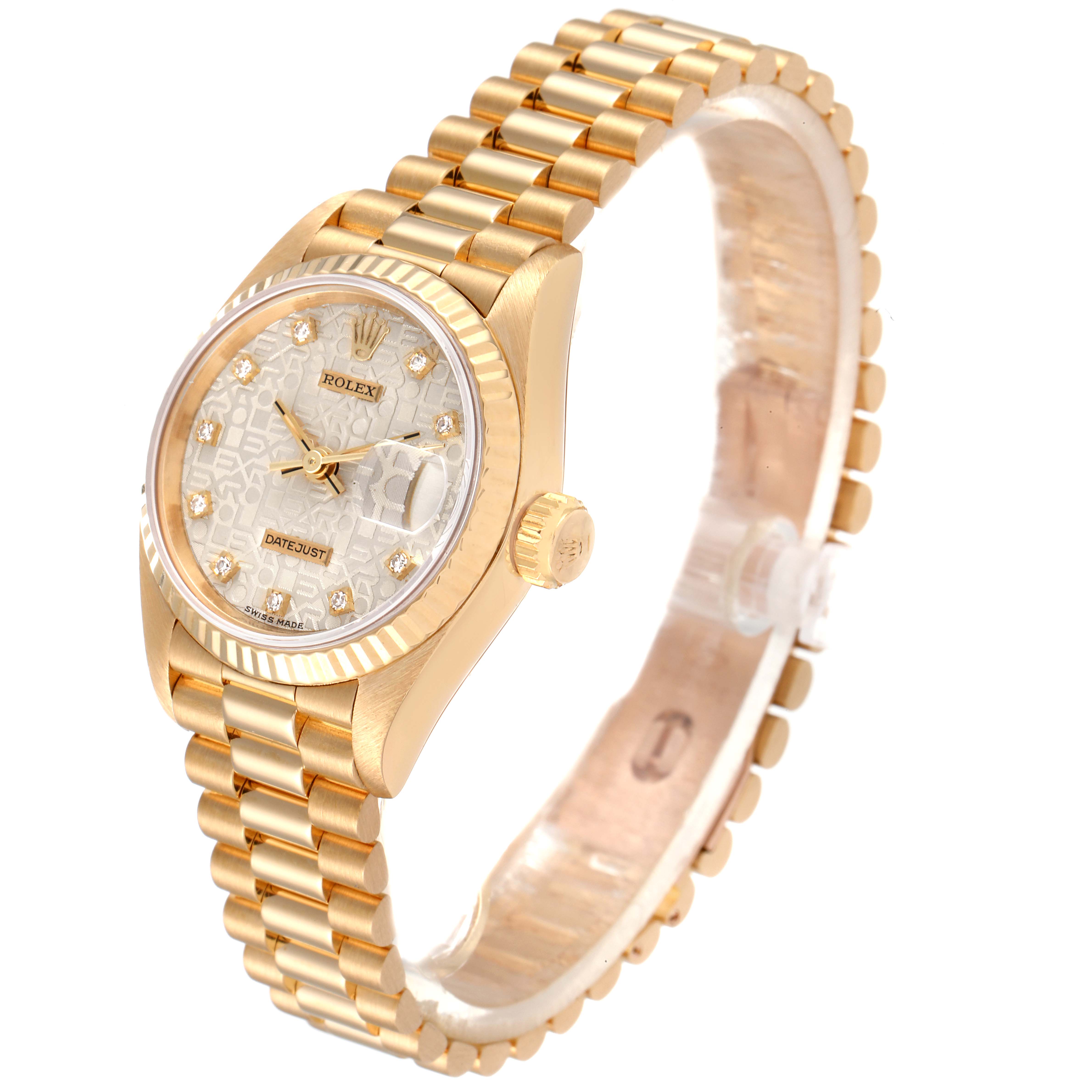The image shows a side view of a Rolex President 69178 Women's Yellow Gold Silver Dial 69178 Women's Yellow Gold Silver Dial model watch, highlighting the gold case, bracelet, and diamond-accented dial.