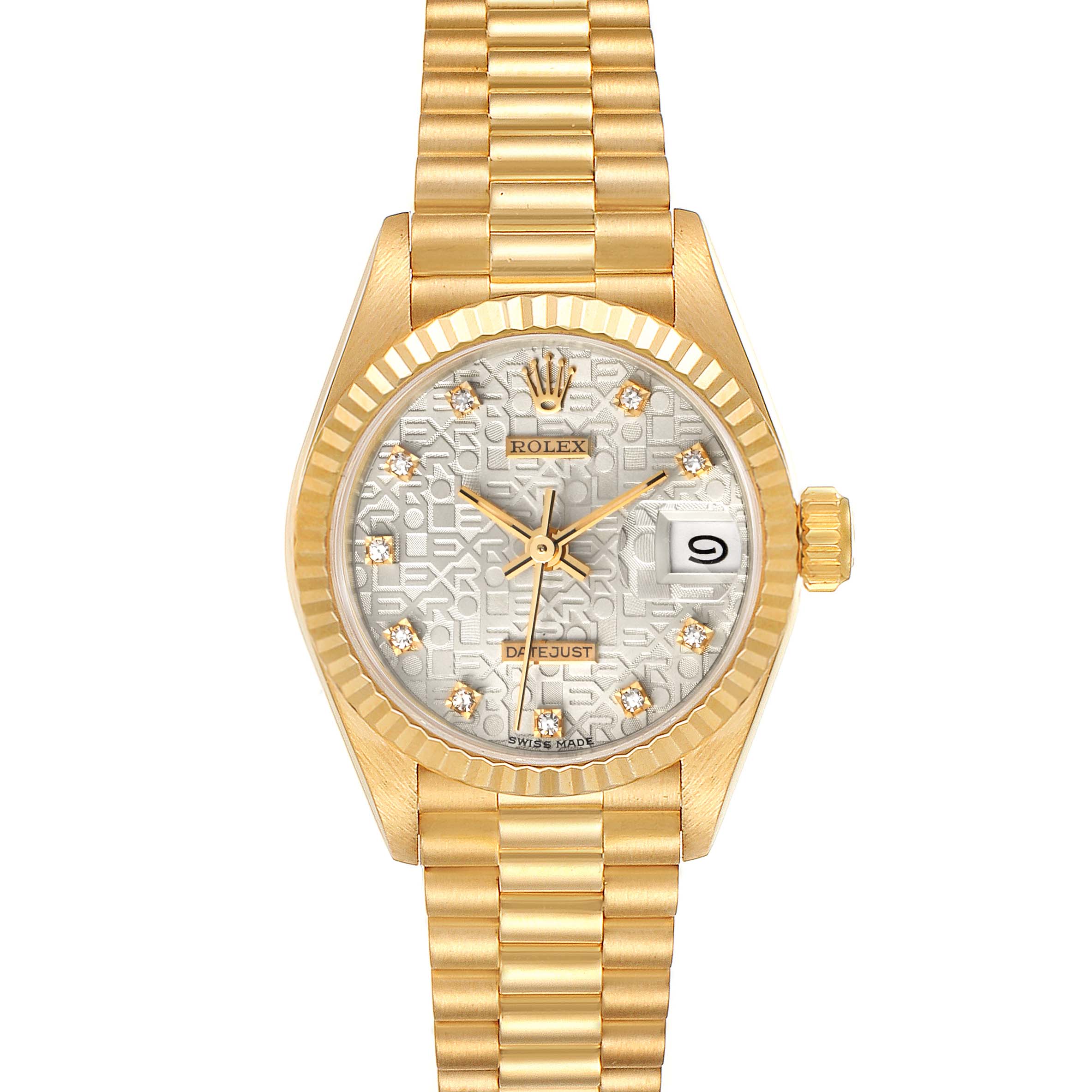 The image shows a front view of a Rolex President 69178 Women's Yellow Gold Silver Dial 69178 Women's Yellow Gold Silver Dial model watch, highlighting its gold bracelet, bezel, dial, and date window.