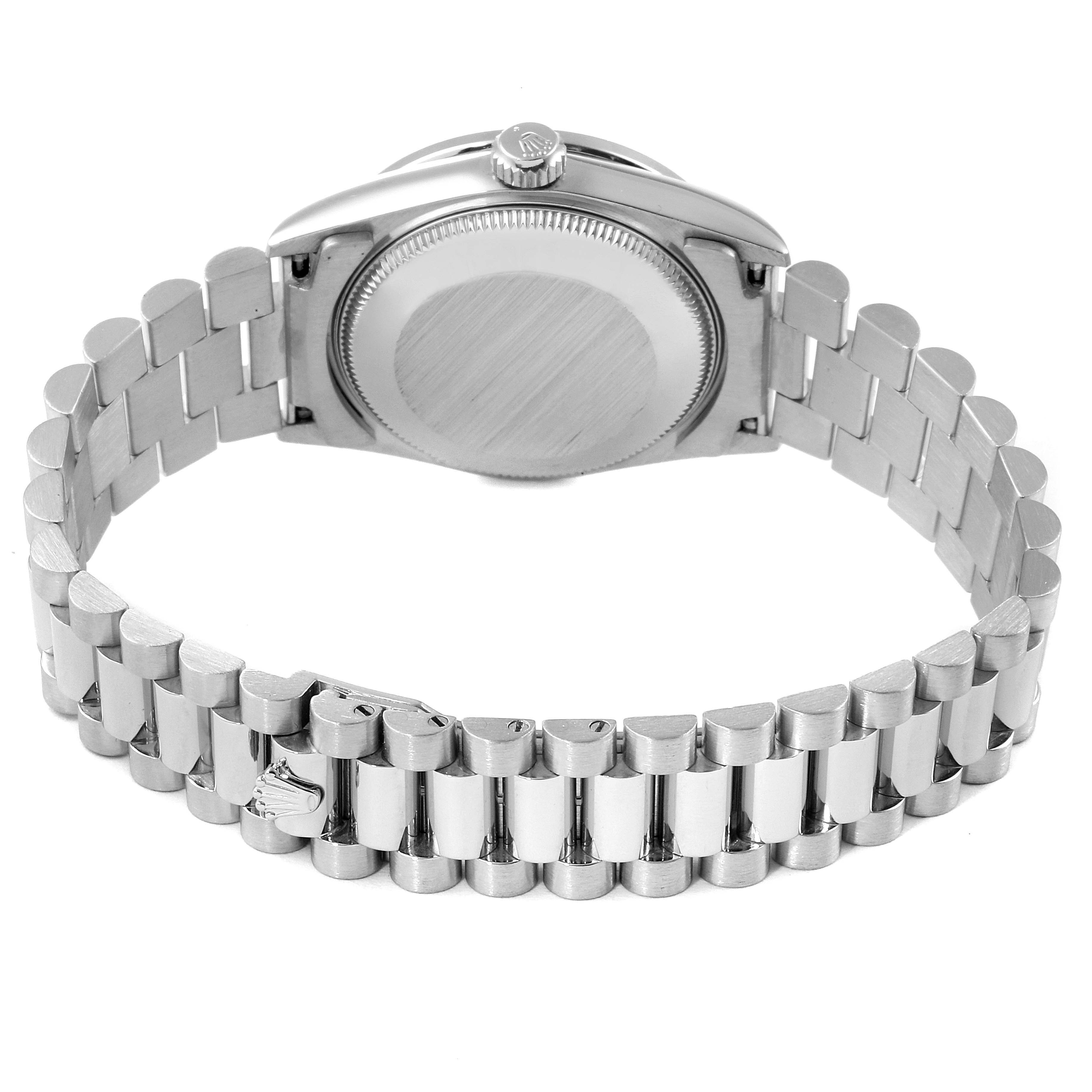 The image shows the back view of a Rolex President 68286 Women
s Platinum Silver Dial 68286 Women
s Platinum Silver Dial model watch, featuring its case back and a jubilee bracelet.