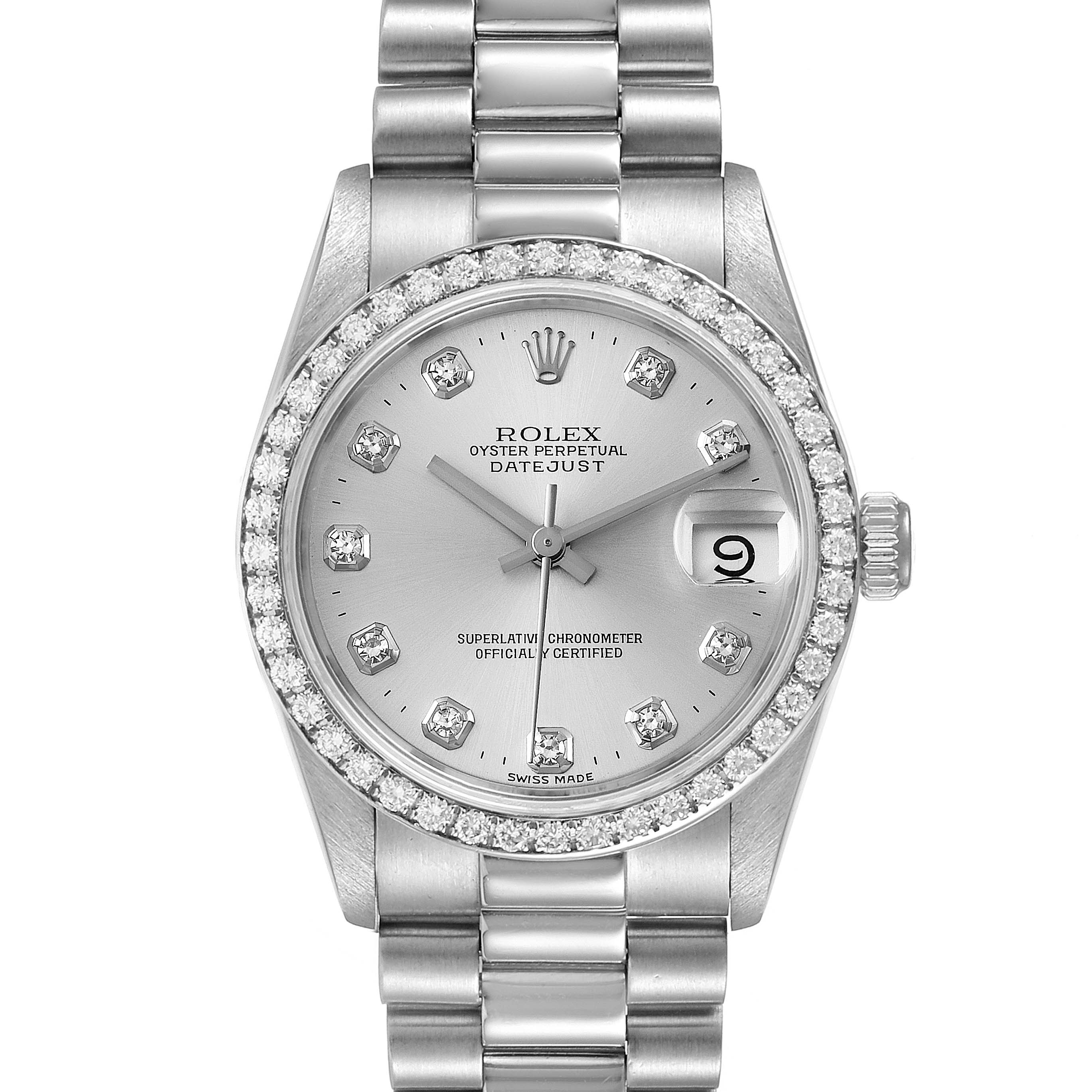 The Rolex President 68286 Women
s Platinum Silver Dial 68286 Women
s Platinum Silver Dial watch is shown from a front angle, highlighting its silver dial, diamond hour markers, and bracelet.