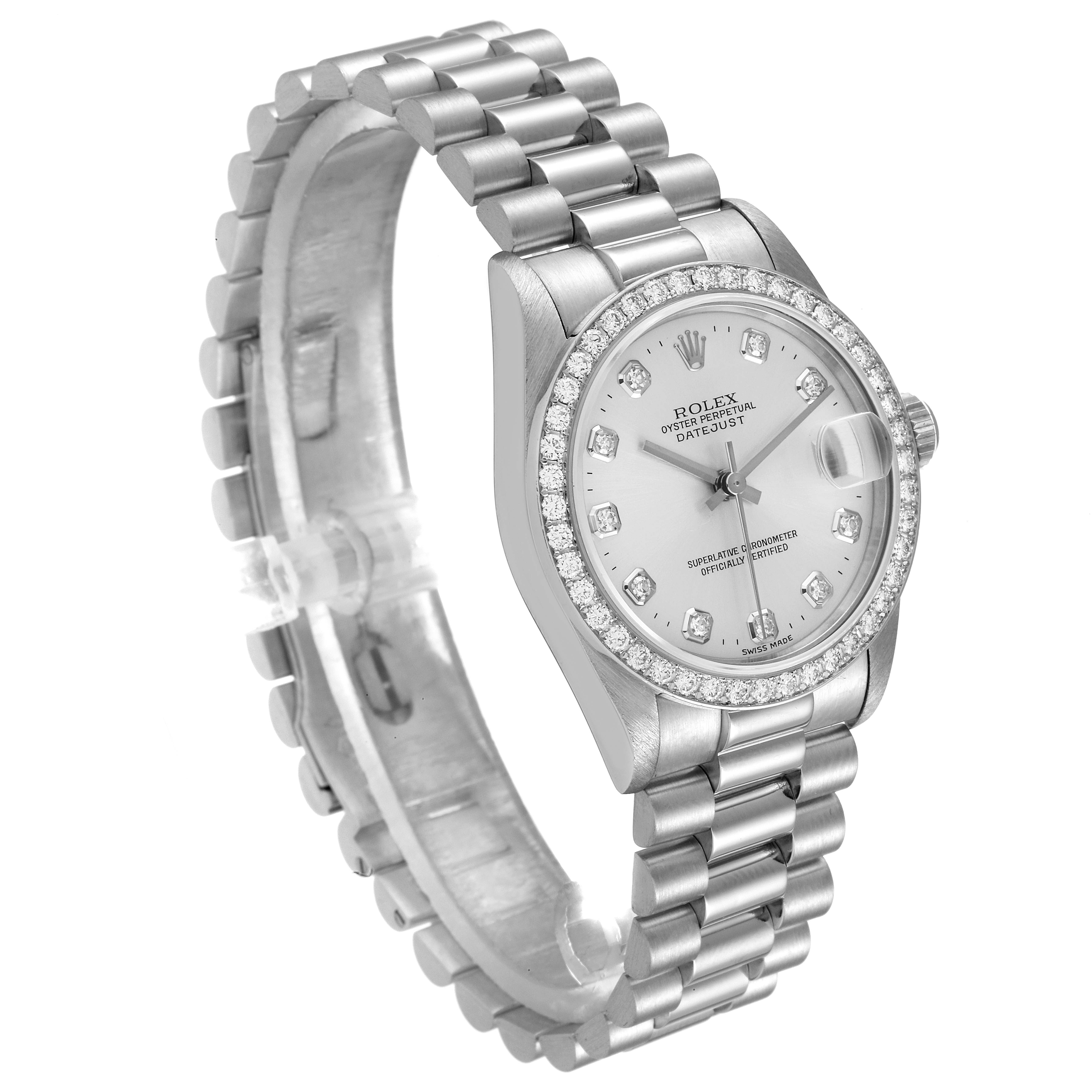 The Rolex President 68286 Women
s Platinum Silver Dial 68286 Women
s Platinum Silver Dial model watch is shown at a three-quarter angle, displaying the bracelet, case, and diamond-encrusted bezel.
