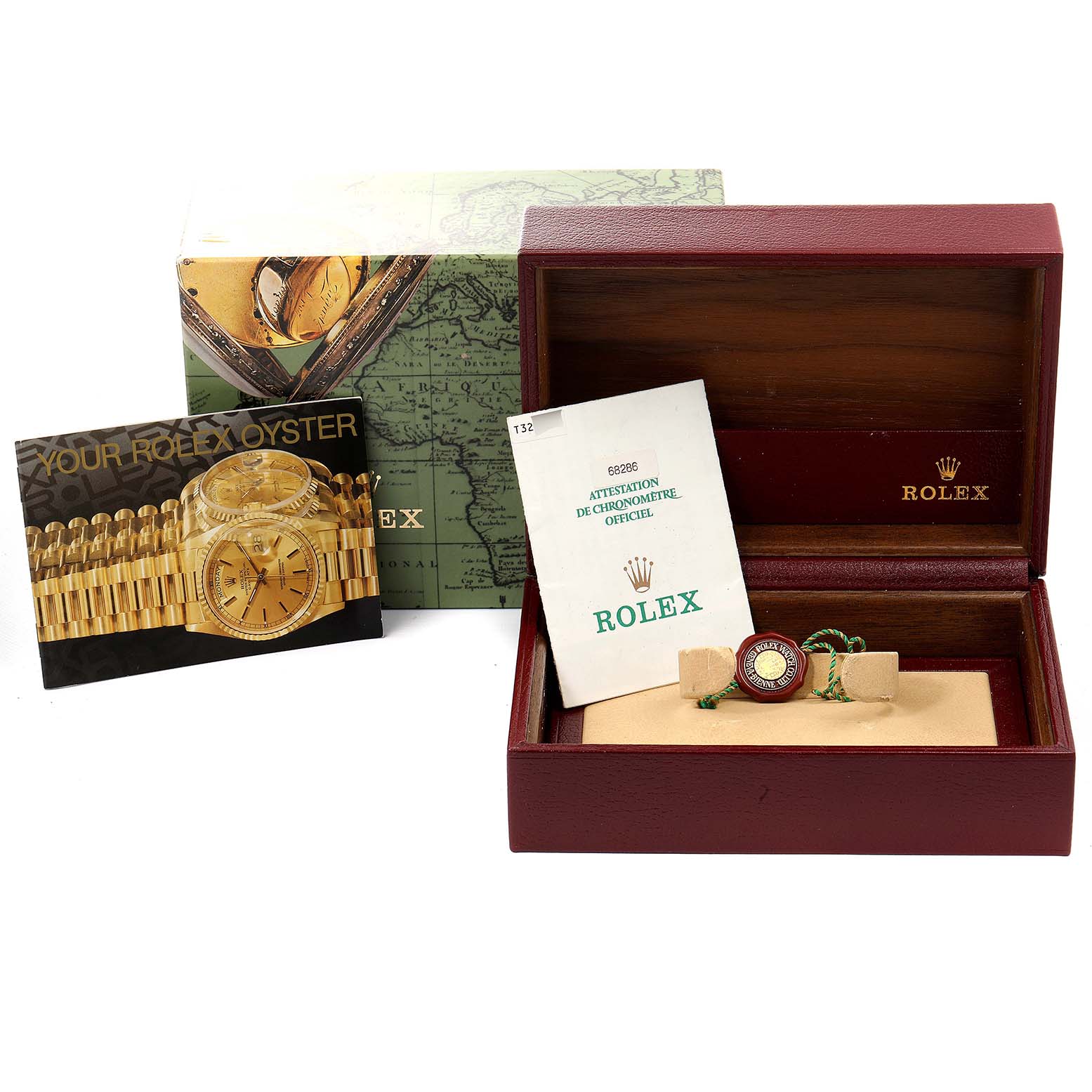 The image shows a Rolex President 68286 Women
s Platinum Silver Dial 68286 Women
s Platinum Silver Dial model watch box, manuals, and a tag from a top-down angle.