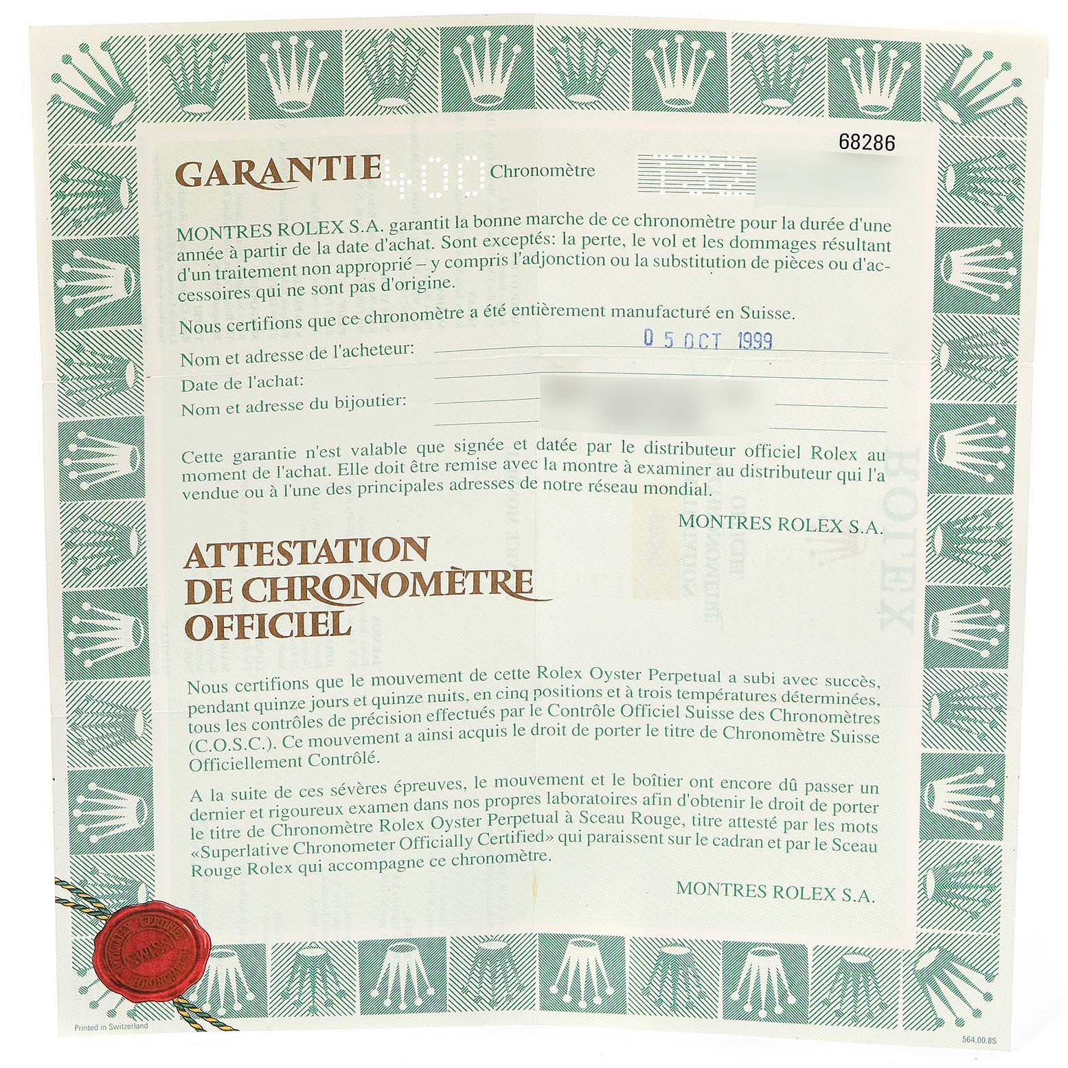 This image shows an official warranty certificate for a Rolex President 68286 Women
s Platinum Silver Dial 68286 Women
s Platinum Silver Dial model watch.