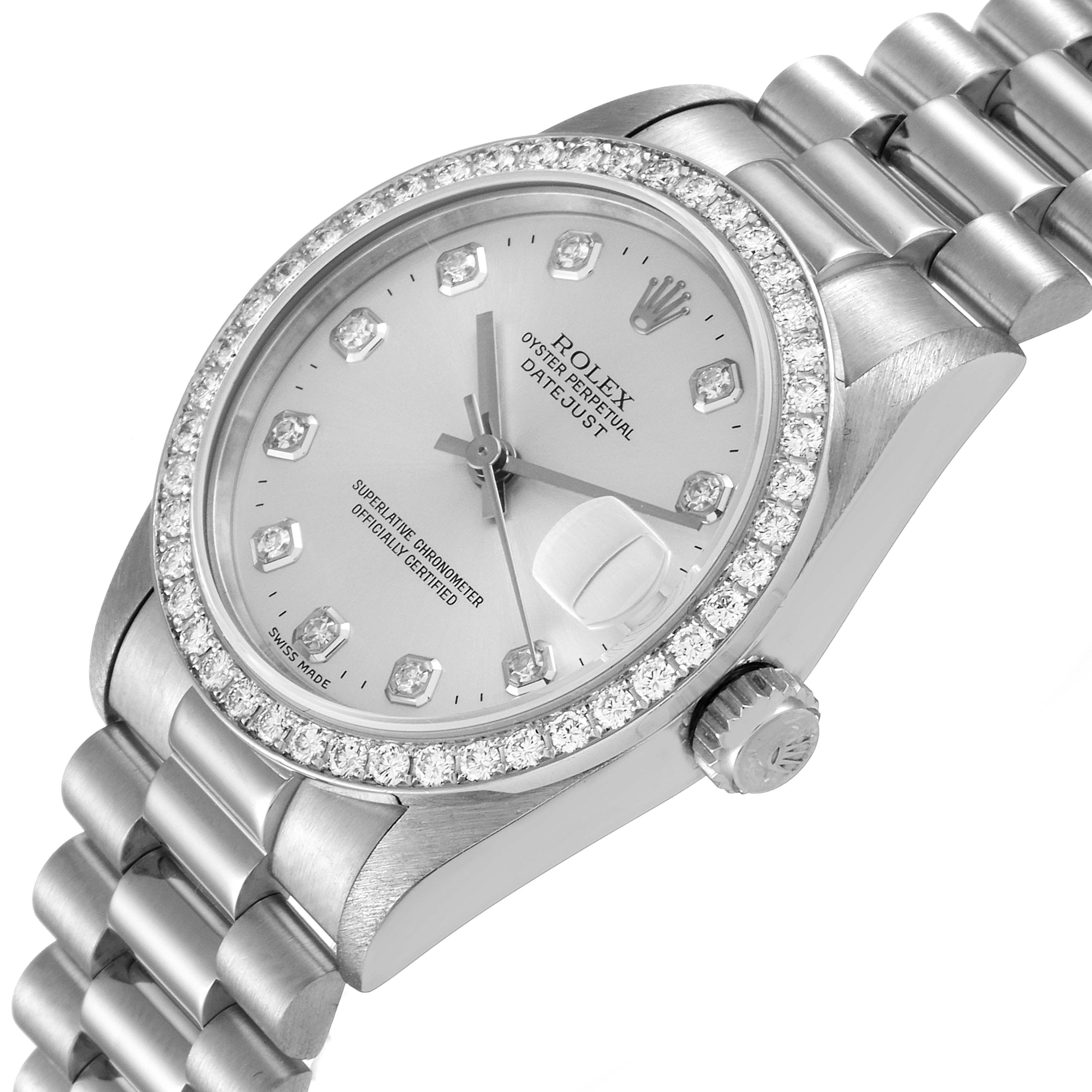 This image shows a side angle of the Rolex President 68286 Women
s Platinum Silver Dial 68286 Women
s Platinum Silver Dial model, highlighting the dial, bezel, and part of the bracelet.