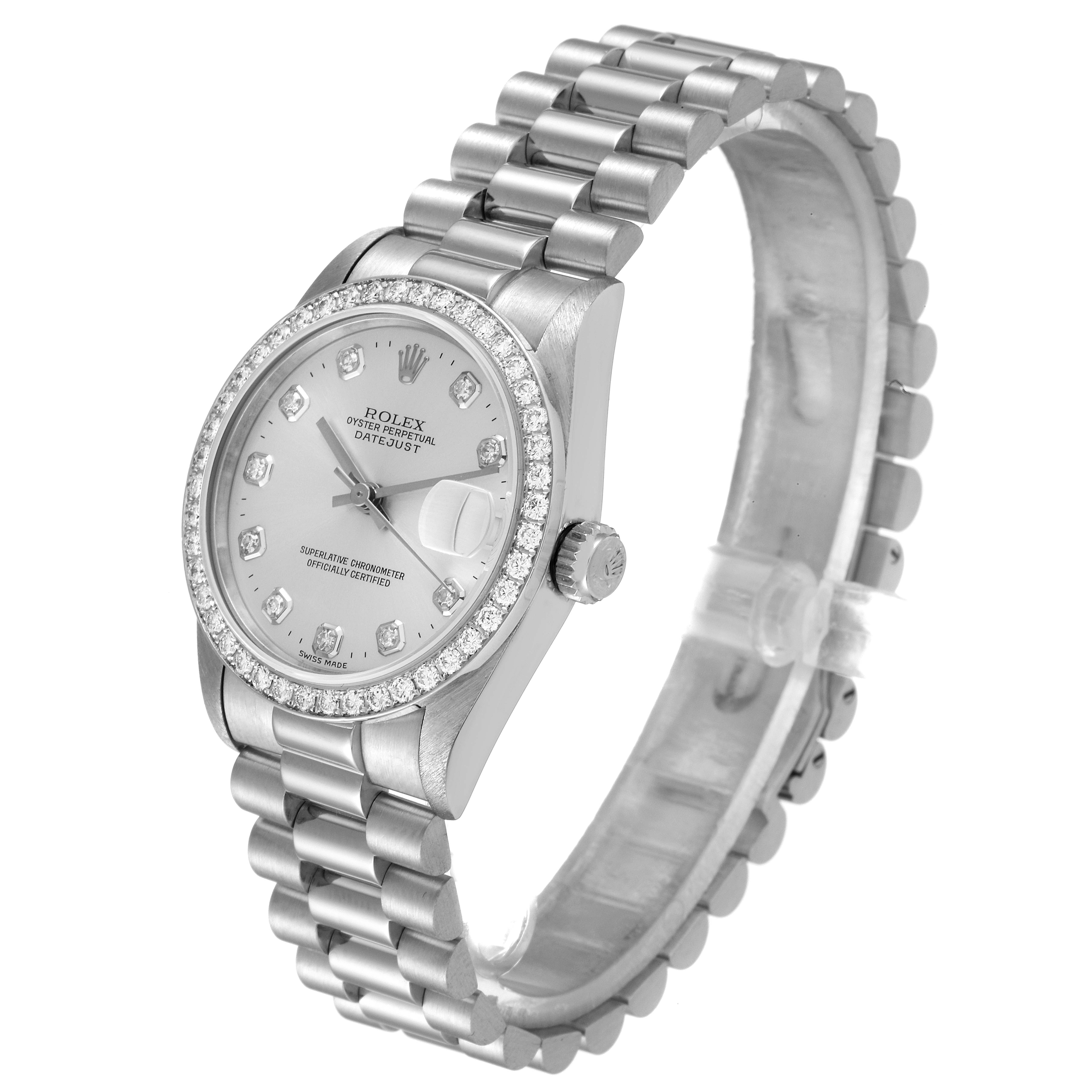 This image shows a side and front angle of the Rolex President 68286 Women
s Platinum Silver Dial 68286 Women
s Platinum Silver Dial model, highlighting its dial, bezel, and bracelet.
