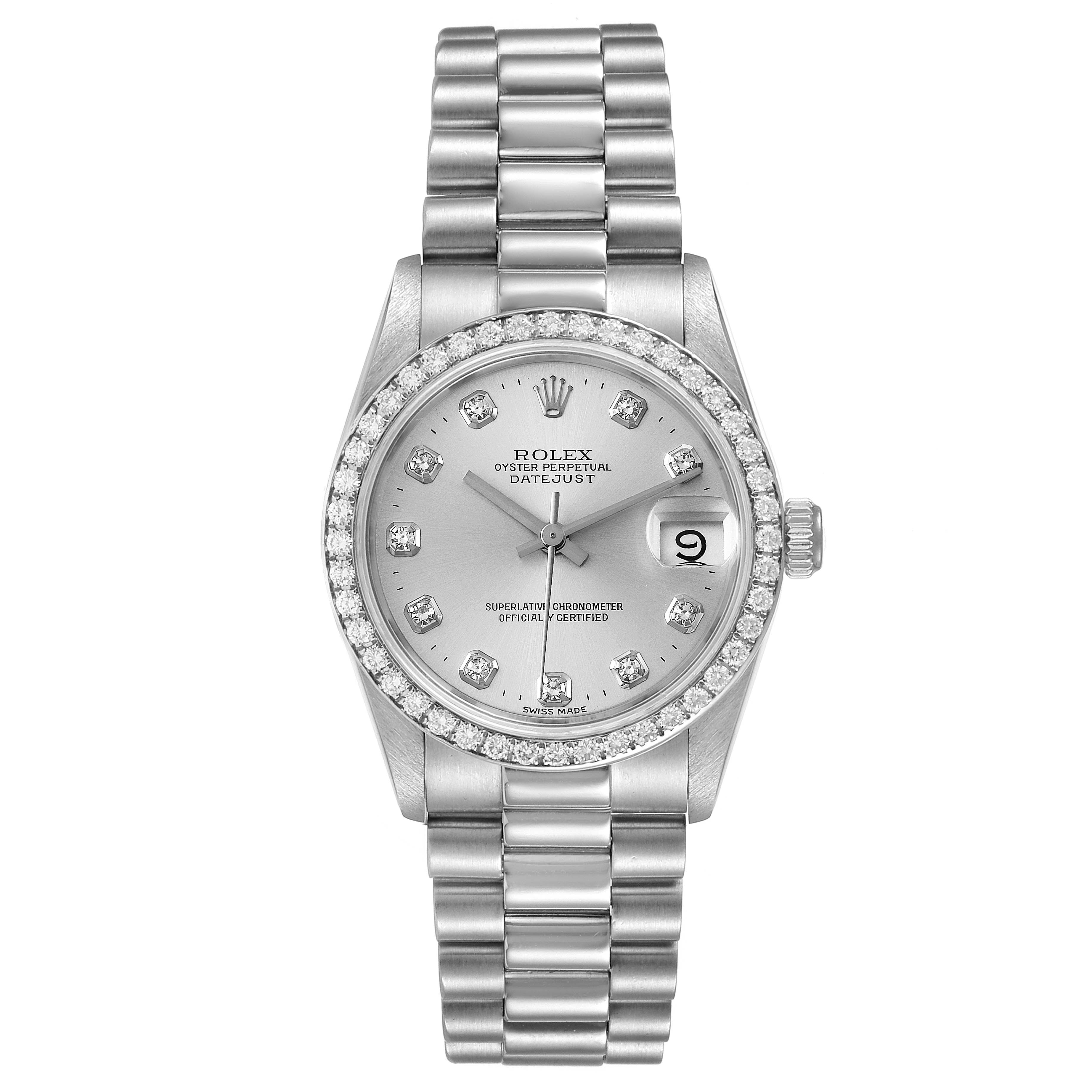 The image shows a front view of a Rolex President 68286 Women
s Platinum Silver Dial 68286 Women
s Platinum Silver Dial model watch with its band, face, and bezel visible.