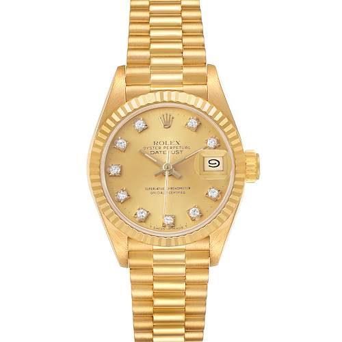 The Rolex President 69178 Women's Yellow Gold Champagne Dial model is shown from a top-down angle, highlighting the gold watch face, markers, and bracelet.