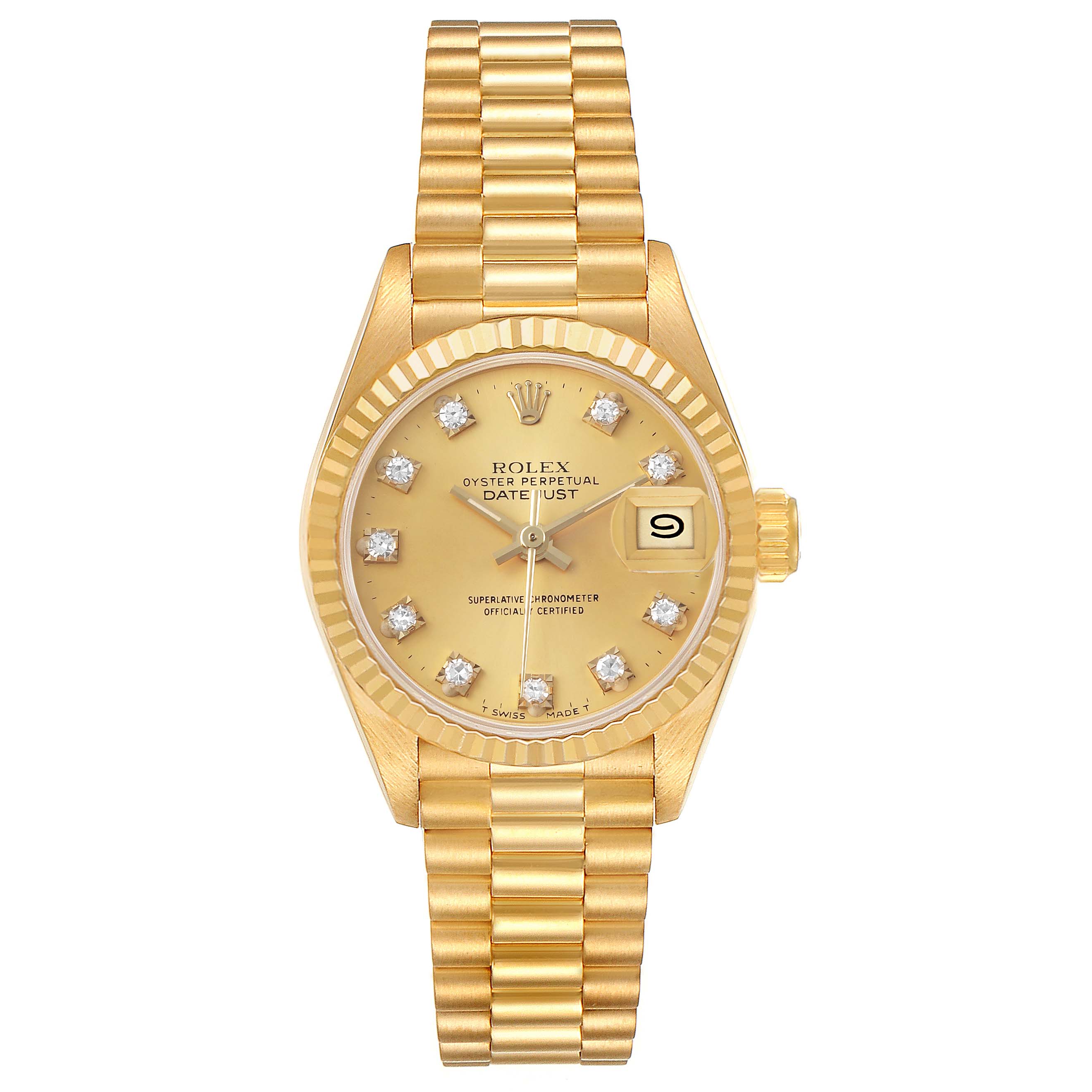 The Rolex President 69178 Women's Yellow Gold Champagne Dial model is shown from a top-down angle, highlighting its gold band, diamond markers, and date display.