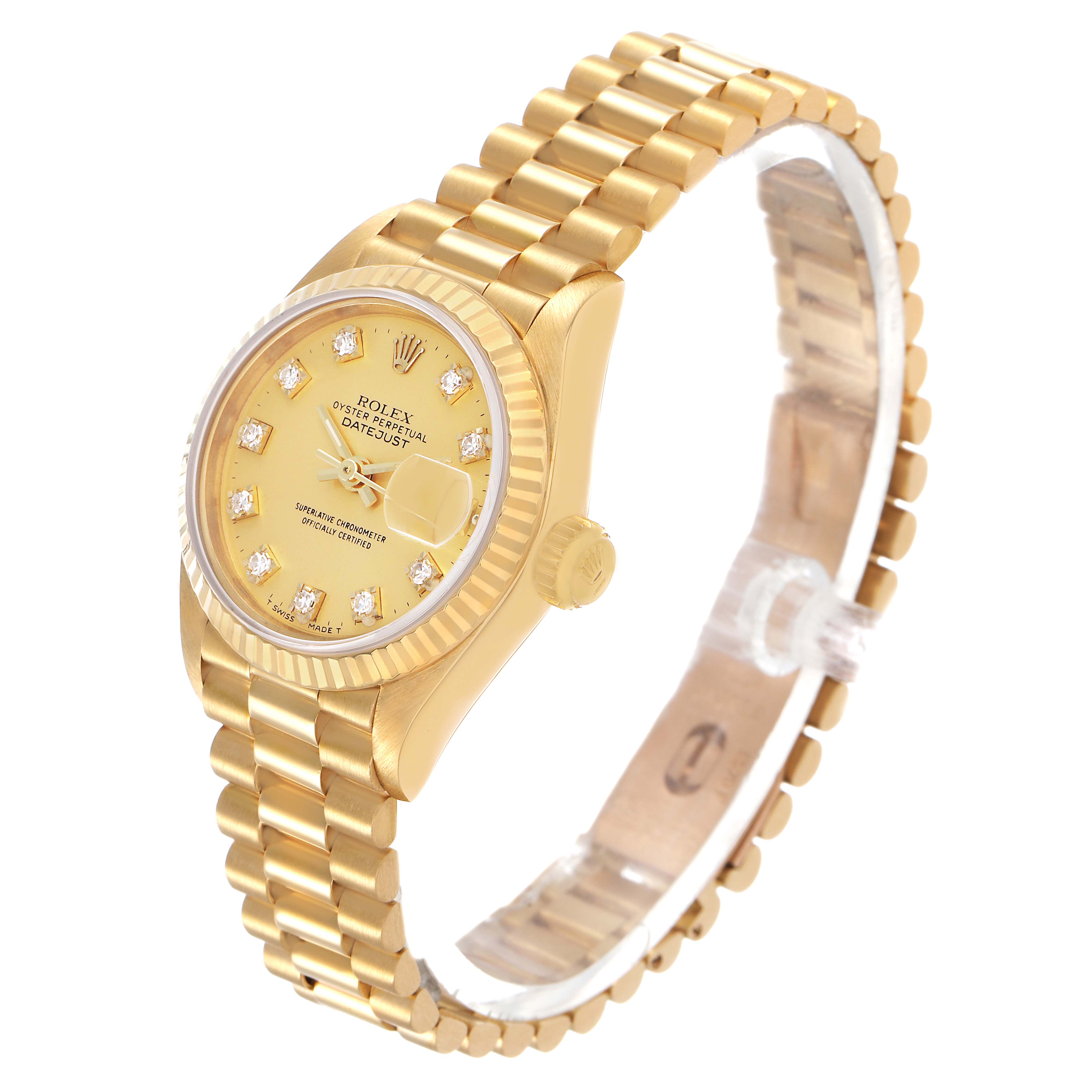 The Rolex President 69178 Women's Yellow Gold Champagne Dial model watch is shown at a three-quarter angle, highlighting the dial, bezel, and bracelet.