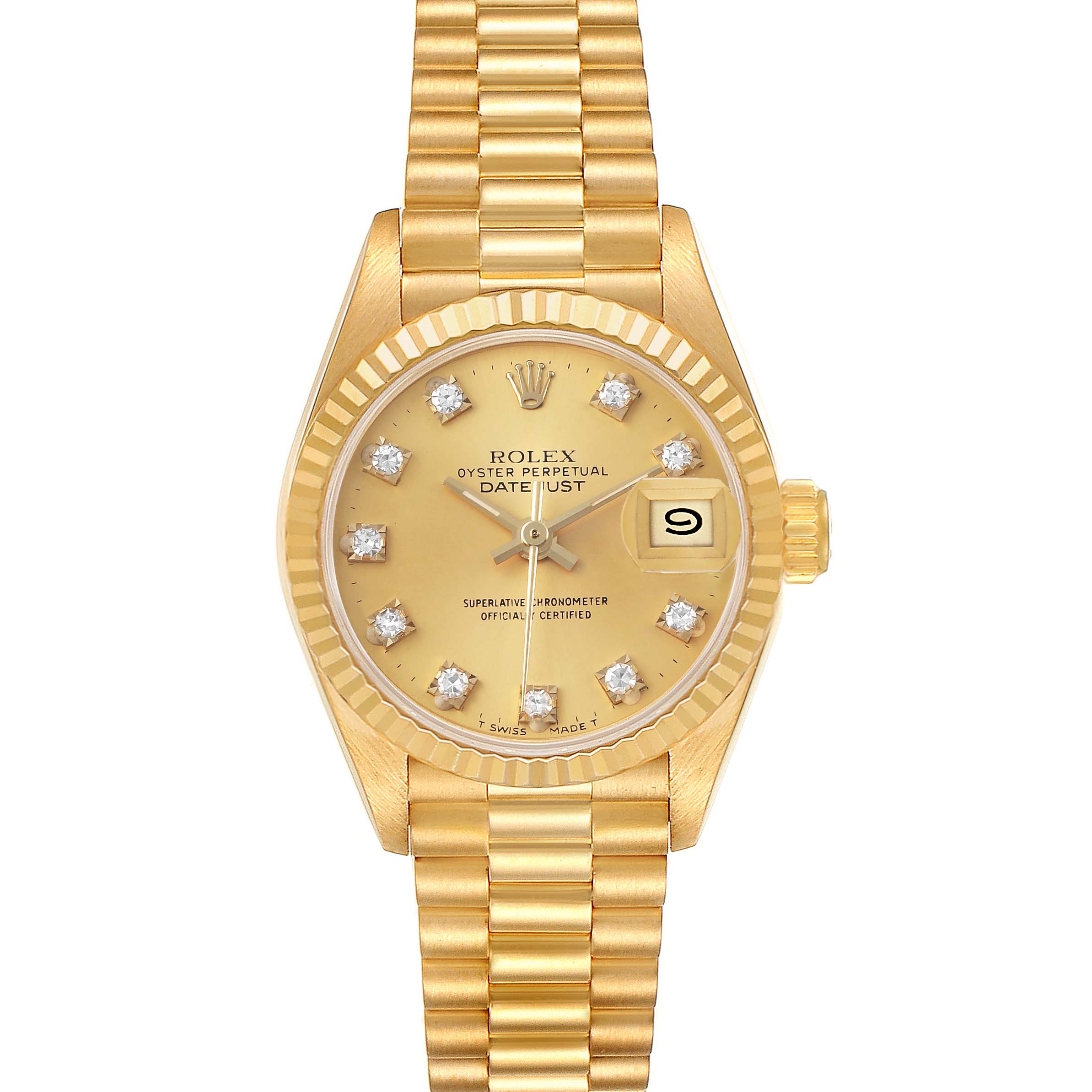 The Rolex President 69178 Women's Yellow Gold Champagne Dial watch is shown from the front, displaying the dial, bezel, bracelet, crown, and date window.