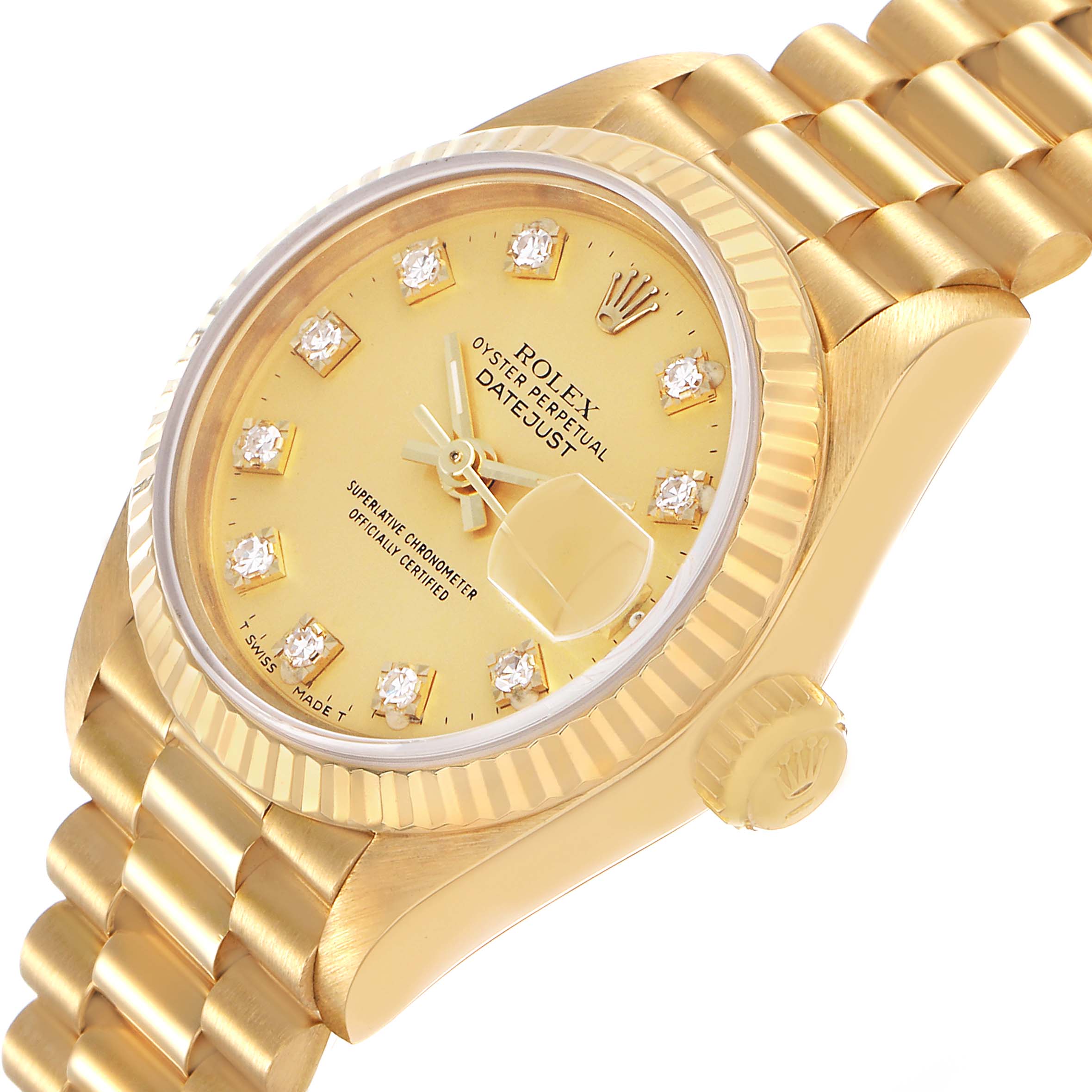 The image shows a Rolex President 69178 Women's Yellow Gold Champagne Dial model watch at an angled view, highlighting the gold bracelet, bezel, and diamond markers on the dial.