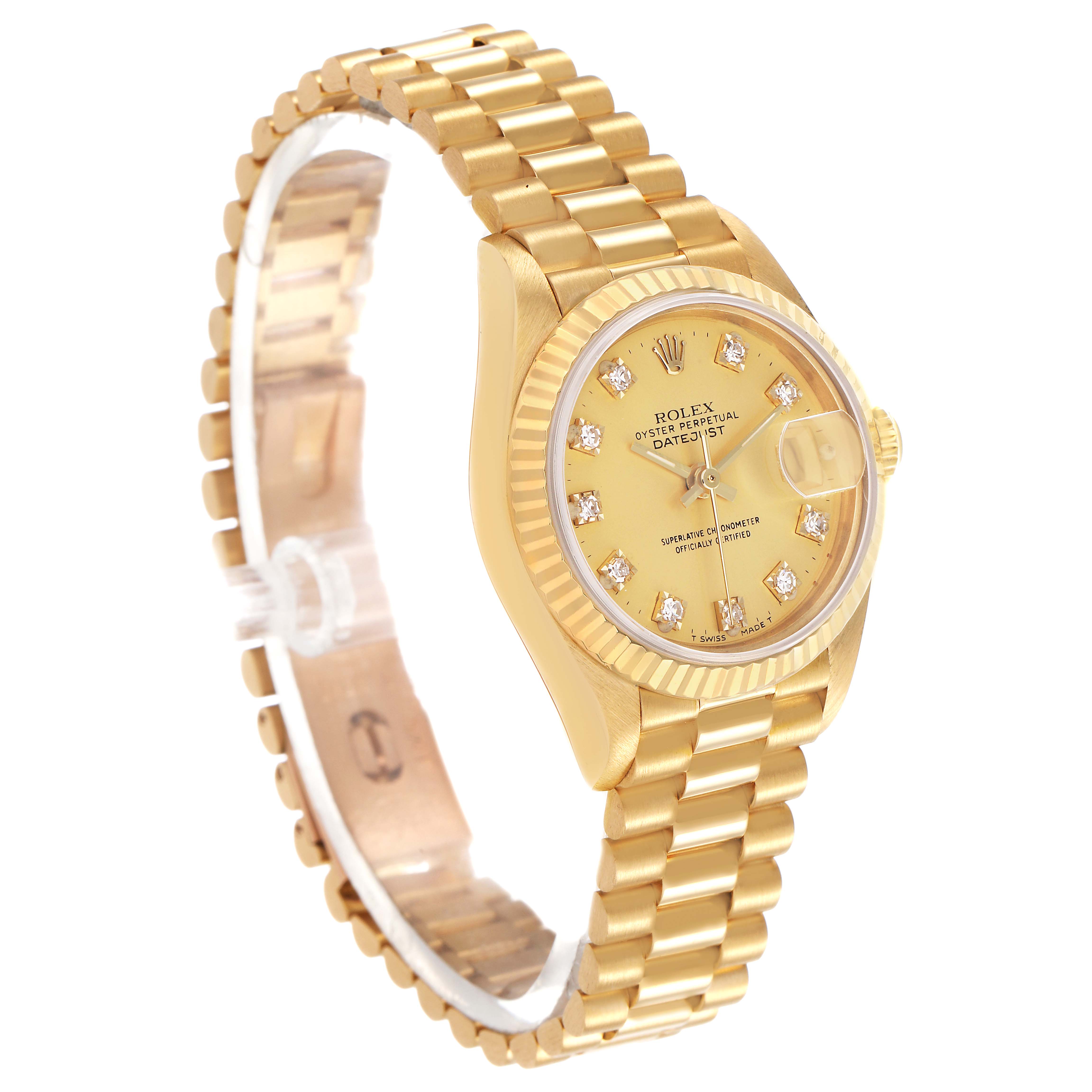 The Rolex President 69178 Women's Yellow Gold Champagne Dial model watch is shown at a three-quarter angle, displaying the dial, bracelet, and side.