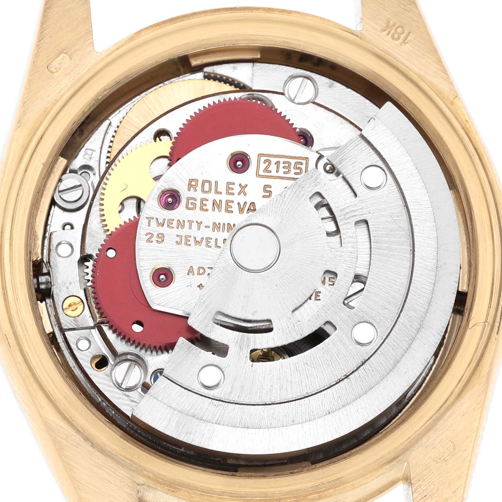 The image shows the internal mechanism of a Rolex President 69178 Women's Yellow Gold Champagne Dial watch, highlighting gears and the rotor from a top-down view.