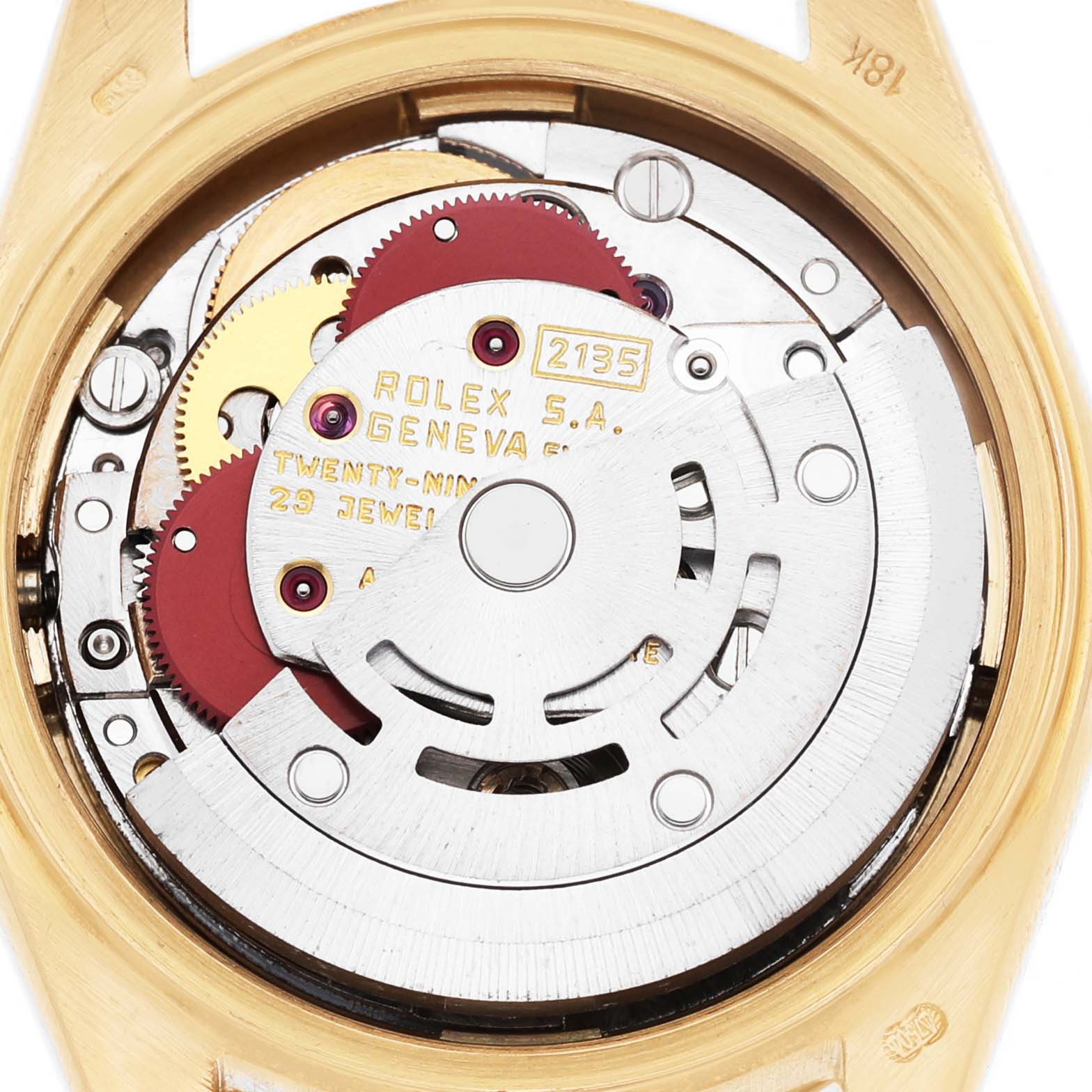 The image shows the movement of a Rolex President 69178 Men's Yellow Gold Champagne Dial model watch from a top-down angle, highlighting the rotor and gear components.