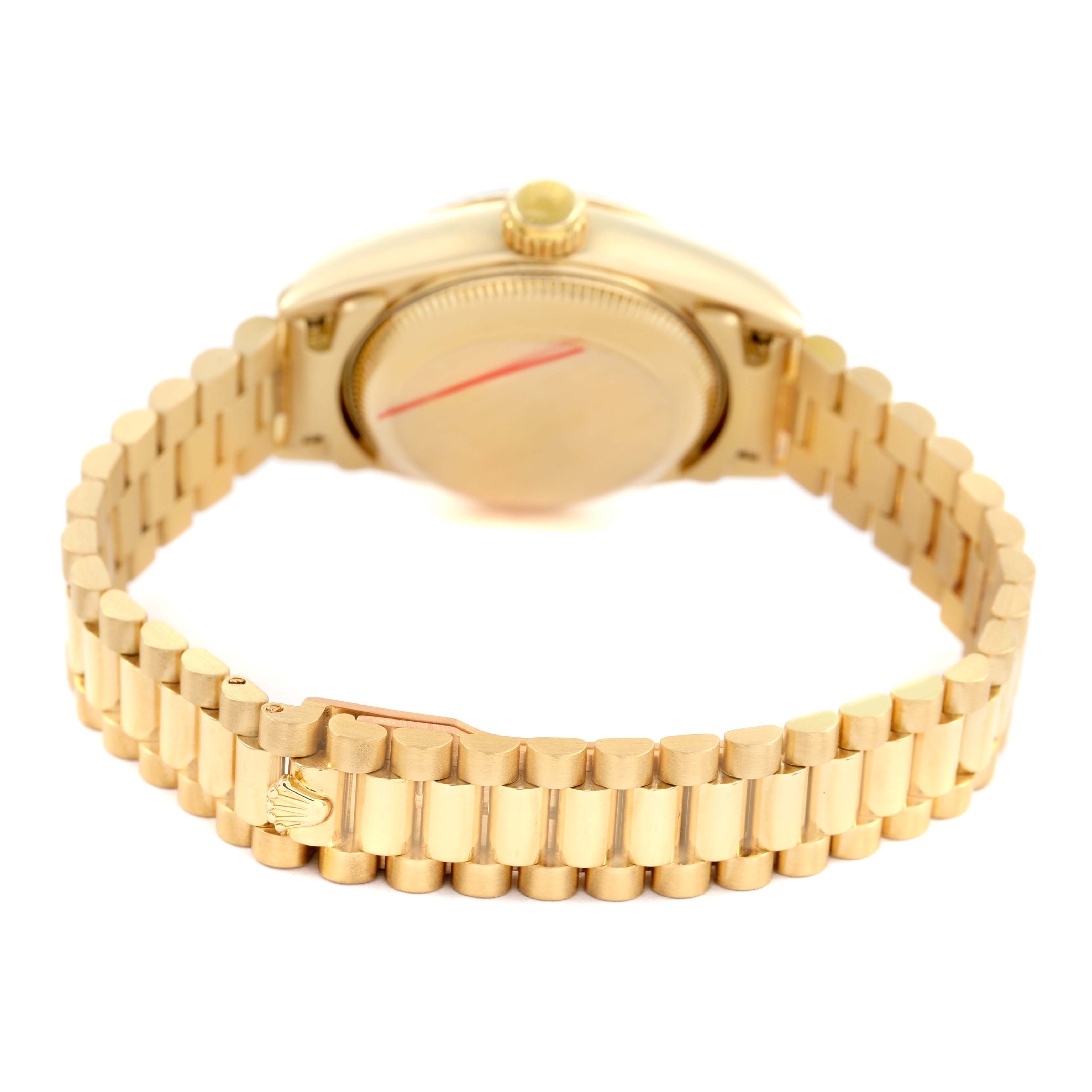 The Rolex President 69178 Men's Yellow Gold Champagne Dial model watch is shown from the back, highlighting the case, crown, and bracelet with its signature clasp.
