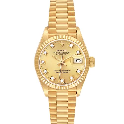 The Rolex President 69178 Men's Yellow Gold Champagne Dial model is shown from a top-down angle, displaying the dial, bezel, bracelet, and date function.