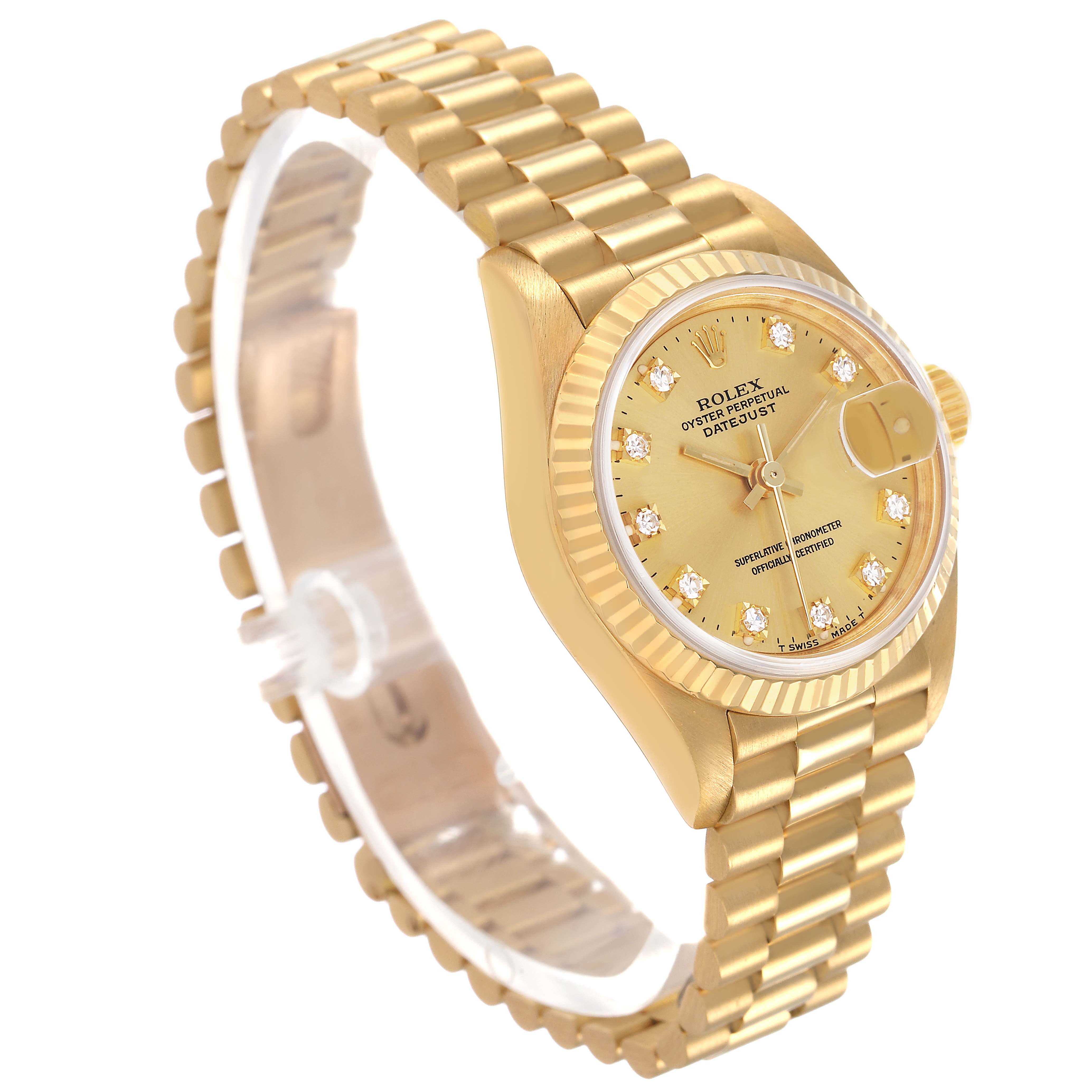 The Rolex President 69178 Men's Yellow Gold Champagne Dial model watch is shown at an angled view, highlighting the gold bracelet, fluted bezel, and diamond hour markers on the dial.