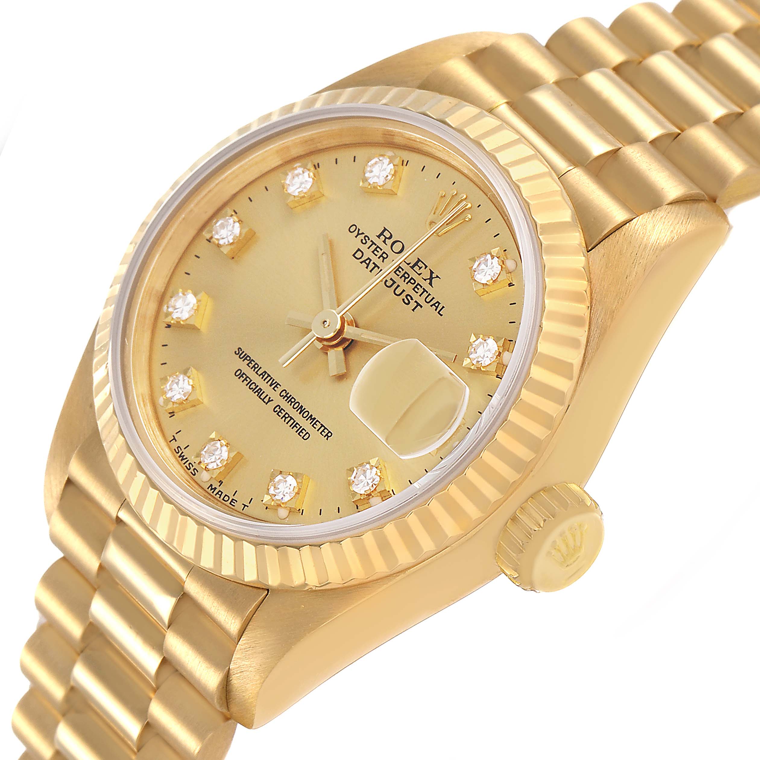 The Rolex President 69178 Men's Yellow Gold Champagne Dial model is shown at a side angle, highlighting the dial, bezel, crown, and part of the bracelet.