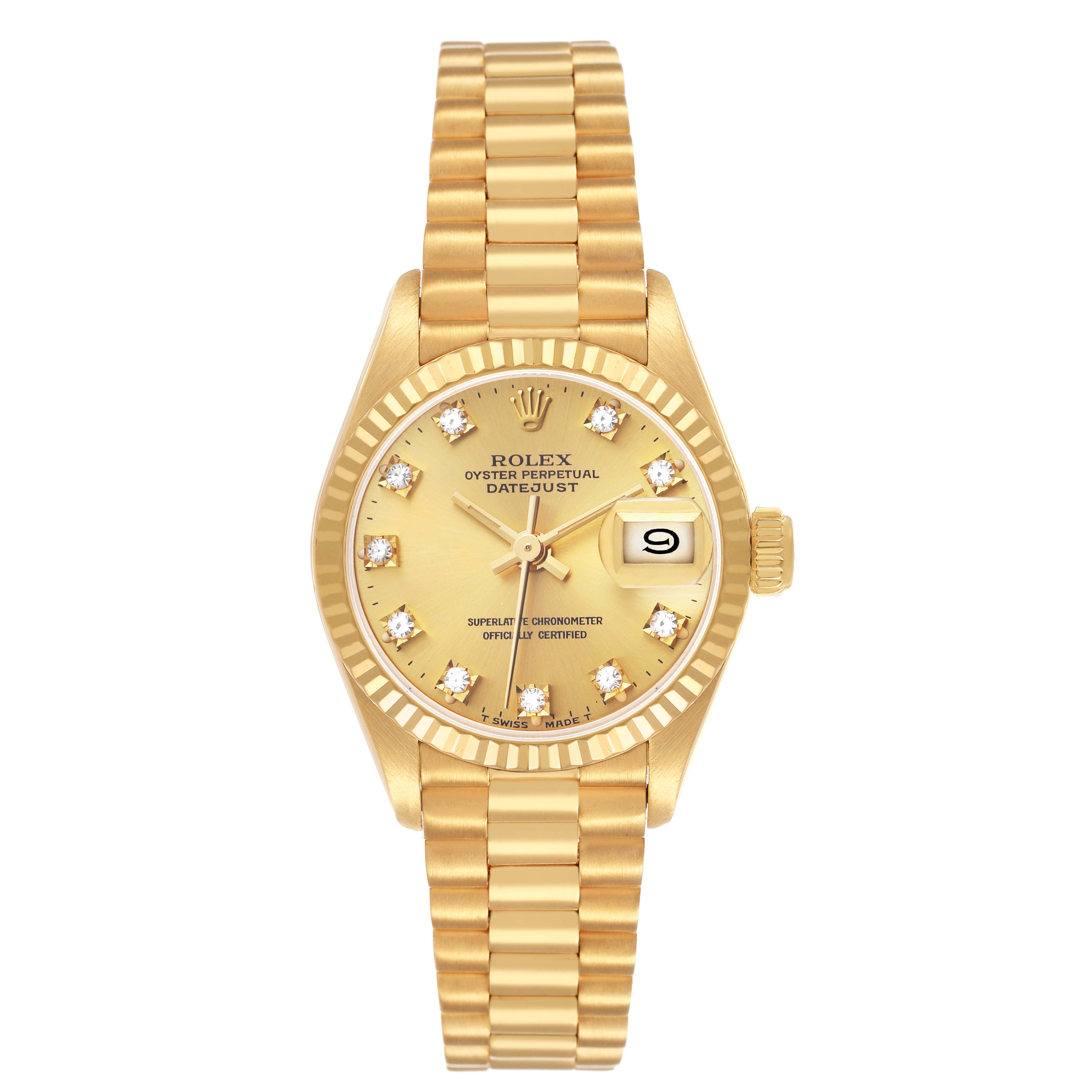 The Rolex President 69178 Men's Yellow Gold Champagne Dial model is shown from a top-down angle, highlighting the bracelet, dial, and date display.